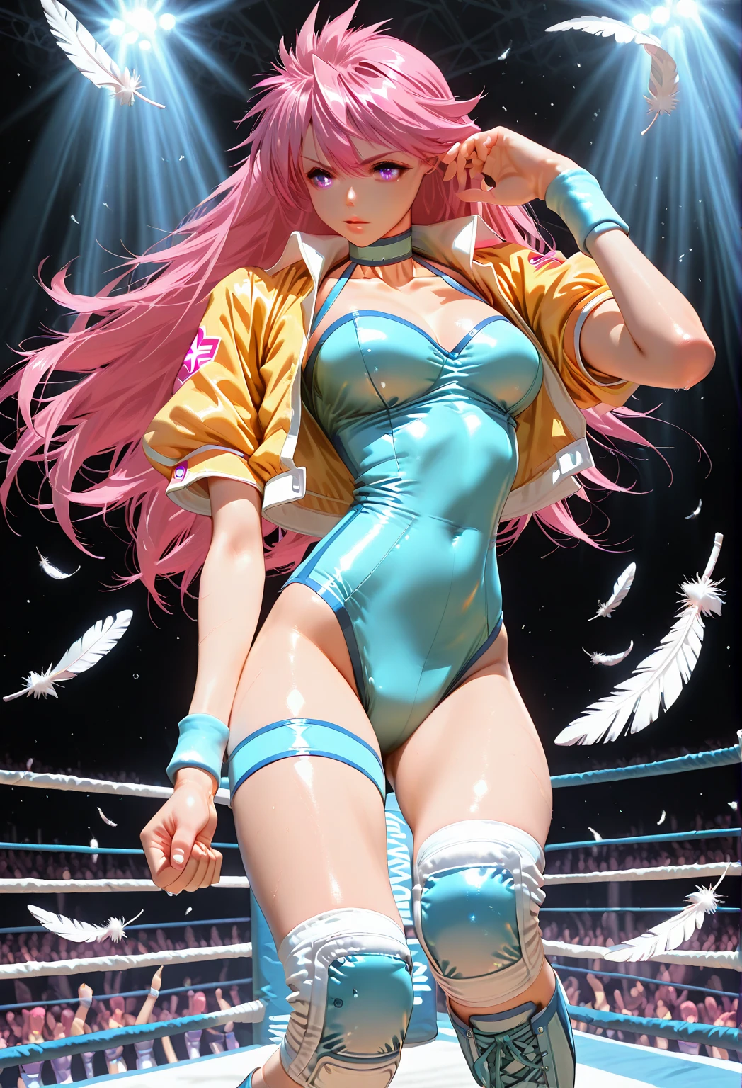 Grid Girls　Racing Model Costume: Enamel leotard-like outfit　High Leg　stockings　Pink costume　The background is a circuit　There are other girls too　All smiles　