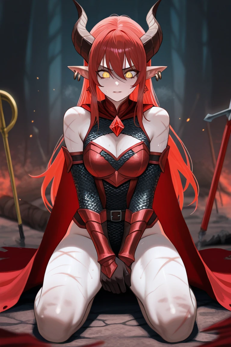 best quality, masterpiece, 1 girl, devil girl, sobbing, (red colored skin:1.2), (bright red eyes:1.3), (black devil horns:1.4), long hair with bangs, tattooed body, black and red bikini with cloak, (wariza, from above:1.2), cyberpunk style bedroom, (medium breast:1.1)