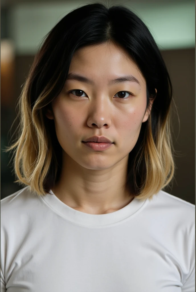 Japanese women、50 years old、Brown Hair、Hairstyle to the shoulders、UNIQLO T-shirts、Bcup、Embarrassed look