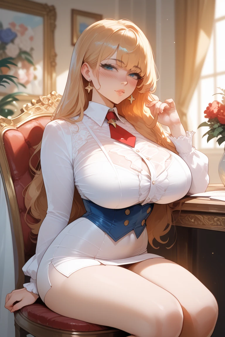 (((a blond、Portrait、looking in camera)))、[monochromes:Subdued Color:2.6] theme, (masutepiece), (Best Quality), , Light Layer, Lustrous skin, (intricate-detail , taut clothes, ),  Kim Hair, hime-cut, Blunt bangs、Blue eyes、 30s、(maturefemale)、((student clothes、blazers、a miniskirt、curlyhair、Beautiful breasts))、symmetry、Thick lip、Lustrous lips、Tall lady、Standing Pose、white backgrounid、simple background、Single-color background、femele１a person、