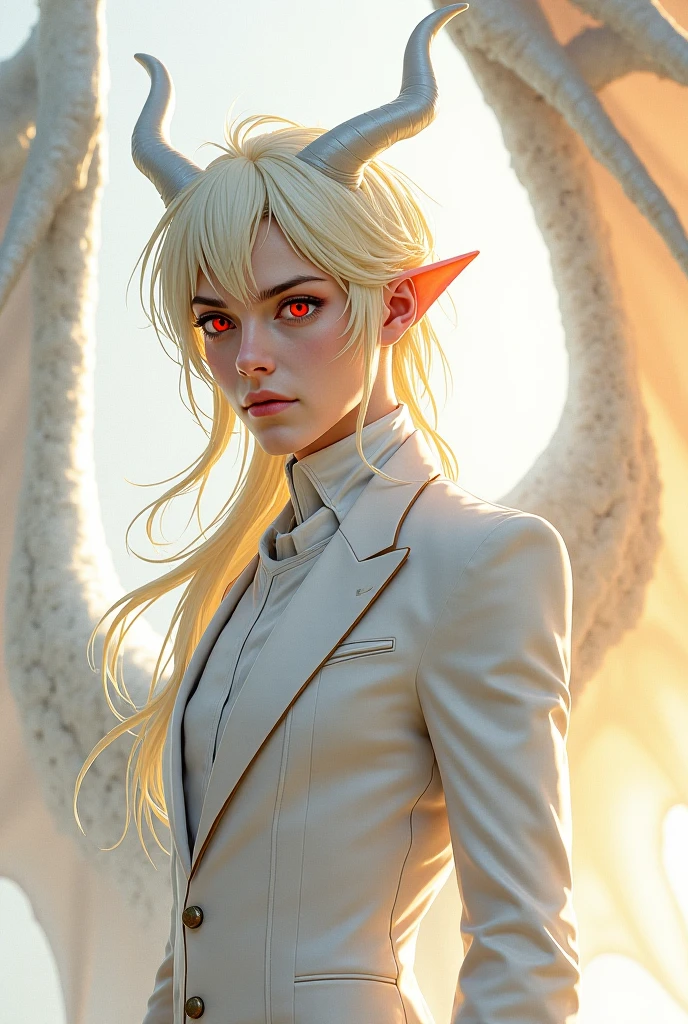 Xavier sports a sleek white suit. His eyes are a striking shade of violet, and he has deer-like antlers, reflecting his favorite animal. His hair is a long tousled silver, giving him an ethereal look. Hazbin hotel style.