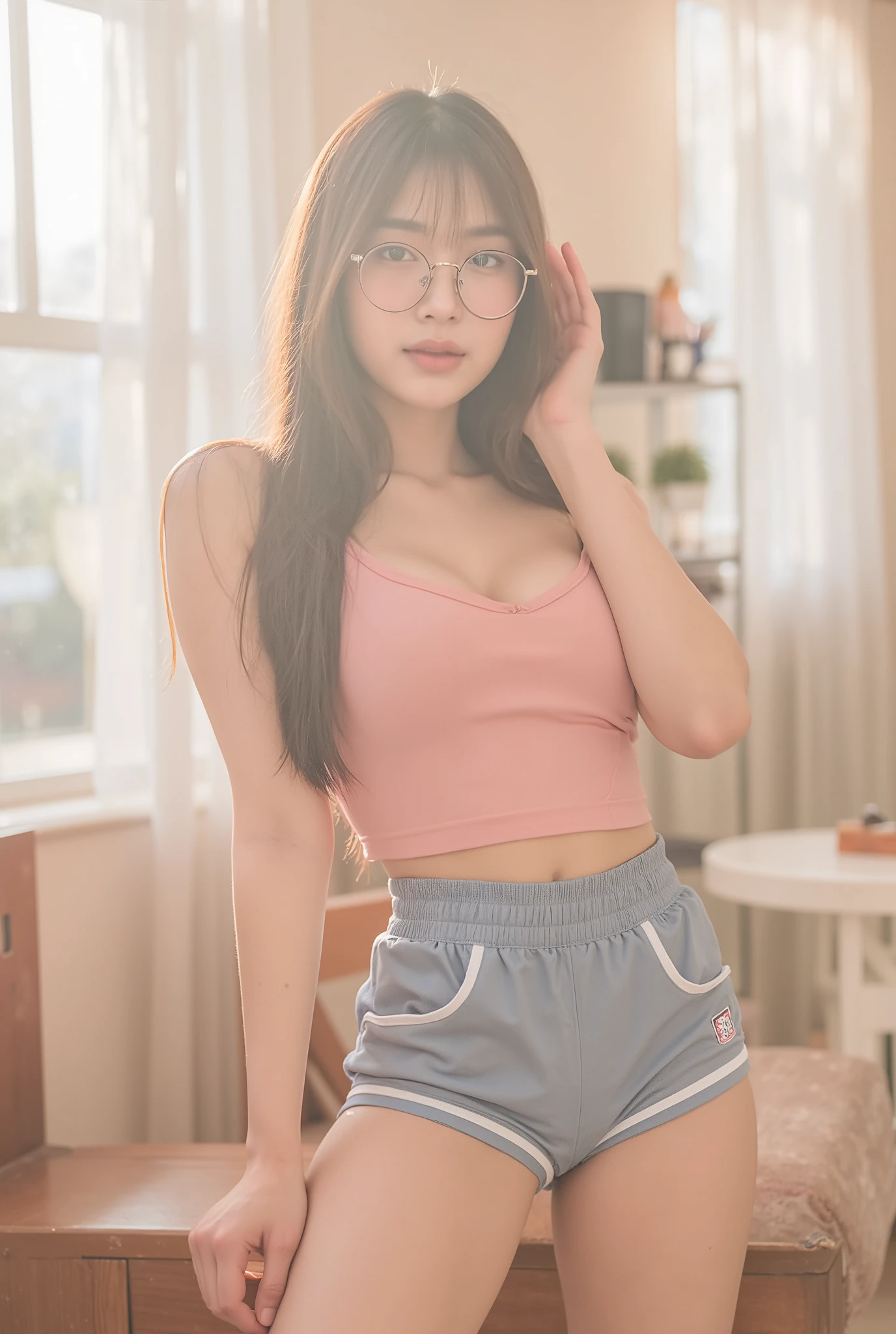 A fair-skinned Thai girl wearing school glasses has (large breasts and very large hips.), ((big chest)), Her clothes consist of a cute pink bra and light blue sports shorts that fit her figure with white fabric trims. But if you look at her from a sexy angle, you will find that she has a perfect sexy figure. The fitted sports bra helps to emphasize her figure, while the low-waisted, tight shorts emphasize her large waist and hips. She poses in a naturally cute way by leaning against the wall, making her figure stand out.
One leg is slightly bent and the tips of her toes lightly touch the wall, creating soft, three-dimensional lines.
Her long, dark hair is combed down to naturally cover her face. The interior of the shop is warm and bright, with bright sunlight streaming through the window curtains, creating a dreamy and enchanting atmosphere