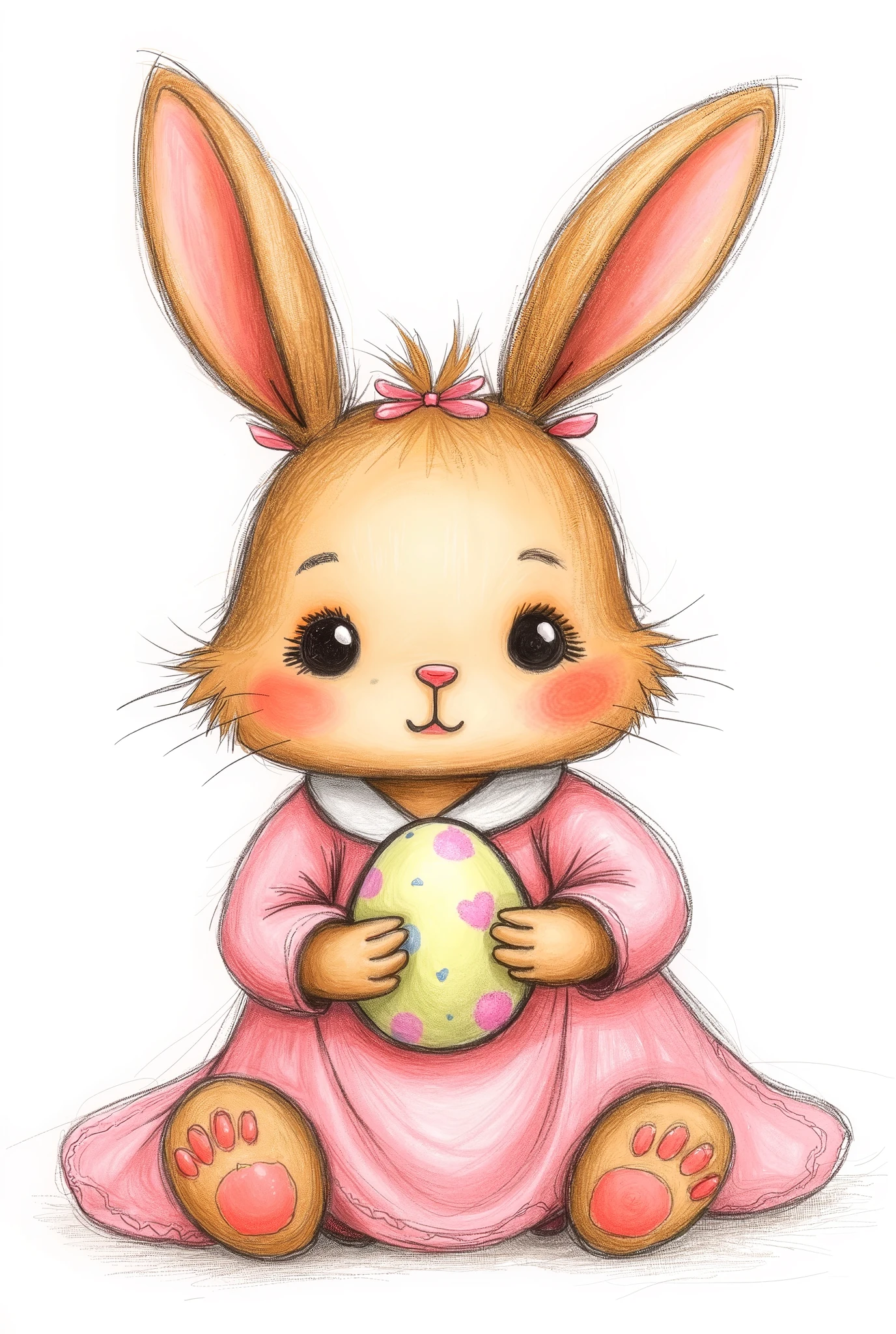 Cute brown female plushie bunny drawing, sitting in a white background , wearing a pink dress and a tiny pink ribbon up the head , keeping an easter egg