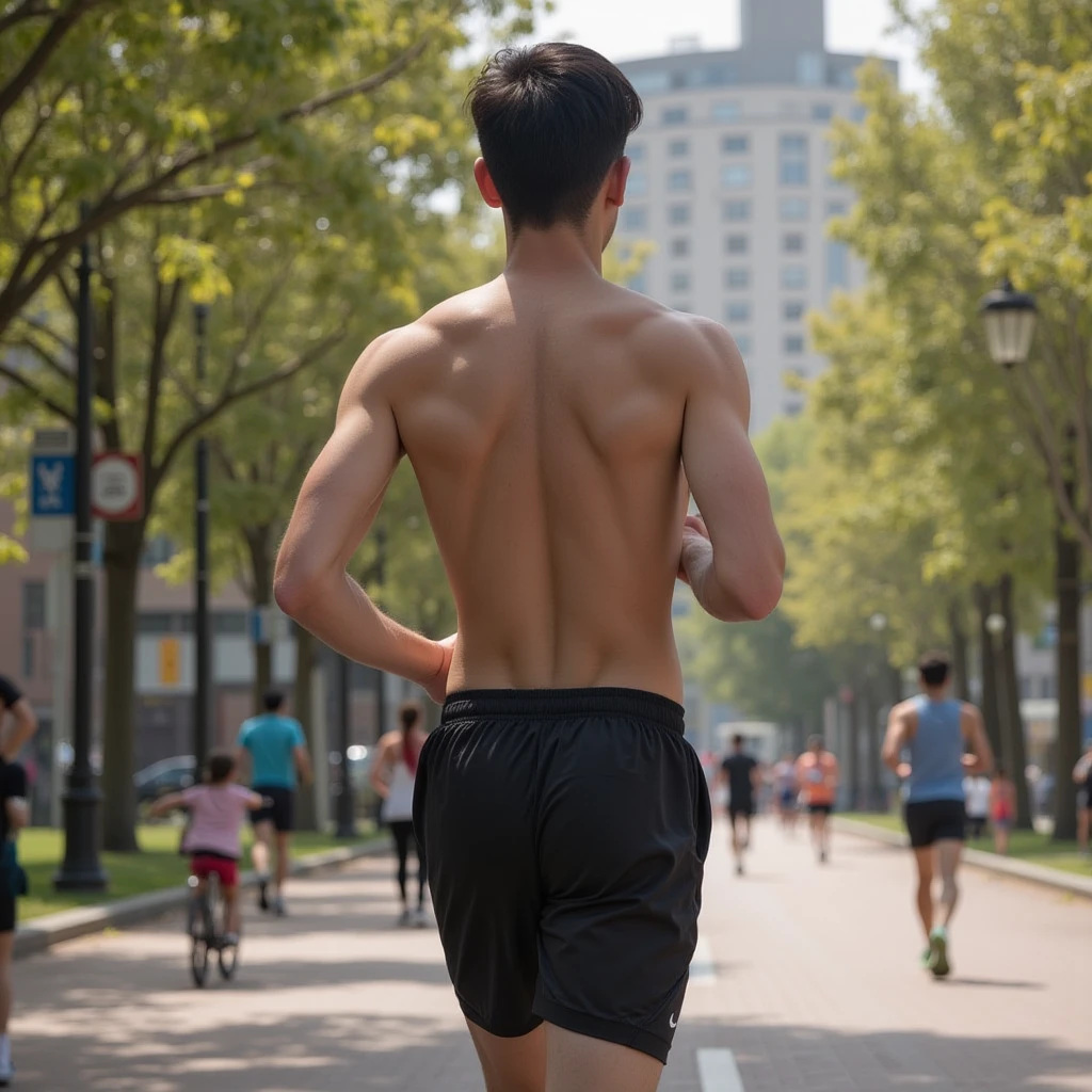 1boy、Cute handsome man、Japanese male, 、handsome man、Mash Hair、Completely naked、Full nudity、erection、Huge penis、Highest quality、Realistic、beautiful、Sad look、Real photo style、Back view of a person running through the schoolyard、A student in uniform with a smartphone follows behind.