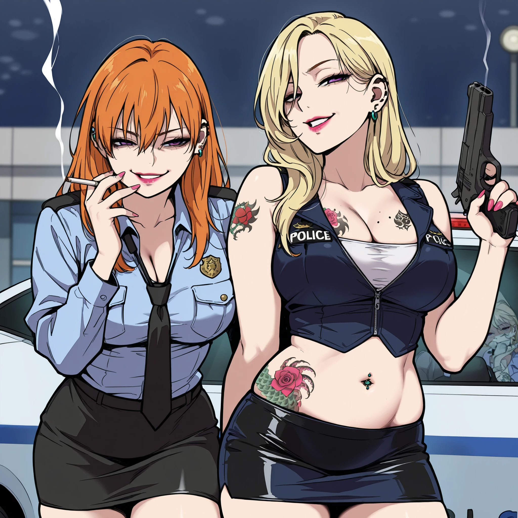 score_9, score_8_up, score_7_up, score_6_up, score_5_up, score_4_up, rating_questionable, , source_anime, digital illustration, pixiv, fanbox, uncensored, , BREAK, official art,
2girl, two girls, mature female,  long hair, [[[tattoo]]], earrings, breast tattoo, waist tattoo,
ear piercing, long hair, , lipstick, Hot girl, baddie, smoking, sensual, attractive ,masterpiece, best quality, highly detailed, a girl in police uniforms , police outfit, military outfit, open
mouth, cleavage, evil smile, smile, (nsfw) not safe for work, official artwork, , beautiful girl, micro
pencil
skirt, pencil skirt, micro skirt, exposedbelly, exposed navel, exposed midriff, exposed lower belly, holdi
ng a gun, holding pistol,next to police car,police station, police car, navel piercing
, dragon tattoo, narrowed eyes, tattoo midriff ,, smirk, medium large breast