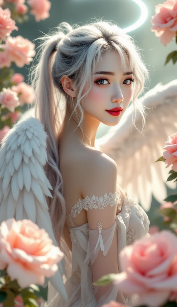 ((realistic, best quality, highest resolution, 8k)), ((accurate , accurate body, accurate hands, Accurate feet)), full body photo, She is a beautiful Japanese girl with beautiful angel wings, long ponytail hair, silver hair, silver eyes, red lips, pale skin, clean skin, She's a beautiful angel, Roses are blooming all around her, There is also a nice halo behind her, sacred atmosphere, her beautiful smile