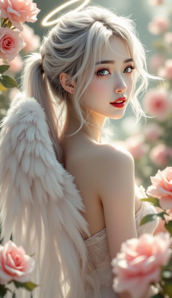 ((realistic, best quality, highest resolution, 8k)), ((accurate , accurate body, accurate hands, Accurate feet)), full body photo, She is a beautiful Japanese girl with beautiful angel wings, long ponytail hair, silver hair, silver eyes, red lips, pale skin, clean skin, She's a beautiful angel, Roses are blooming all around her, There is also a nice halo behind her, sacred atmosphere, her beautiful smile