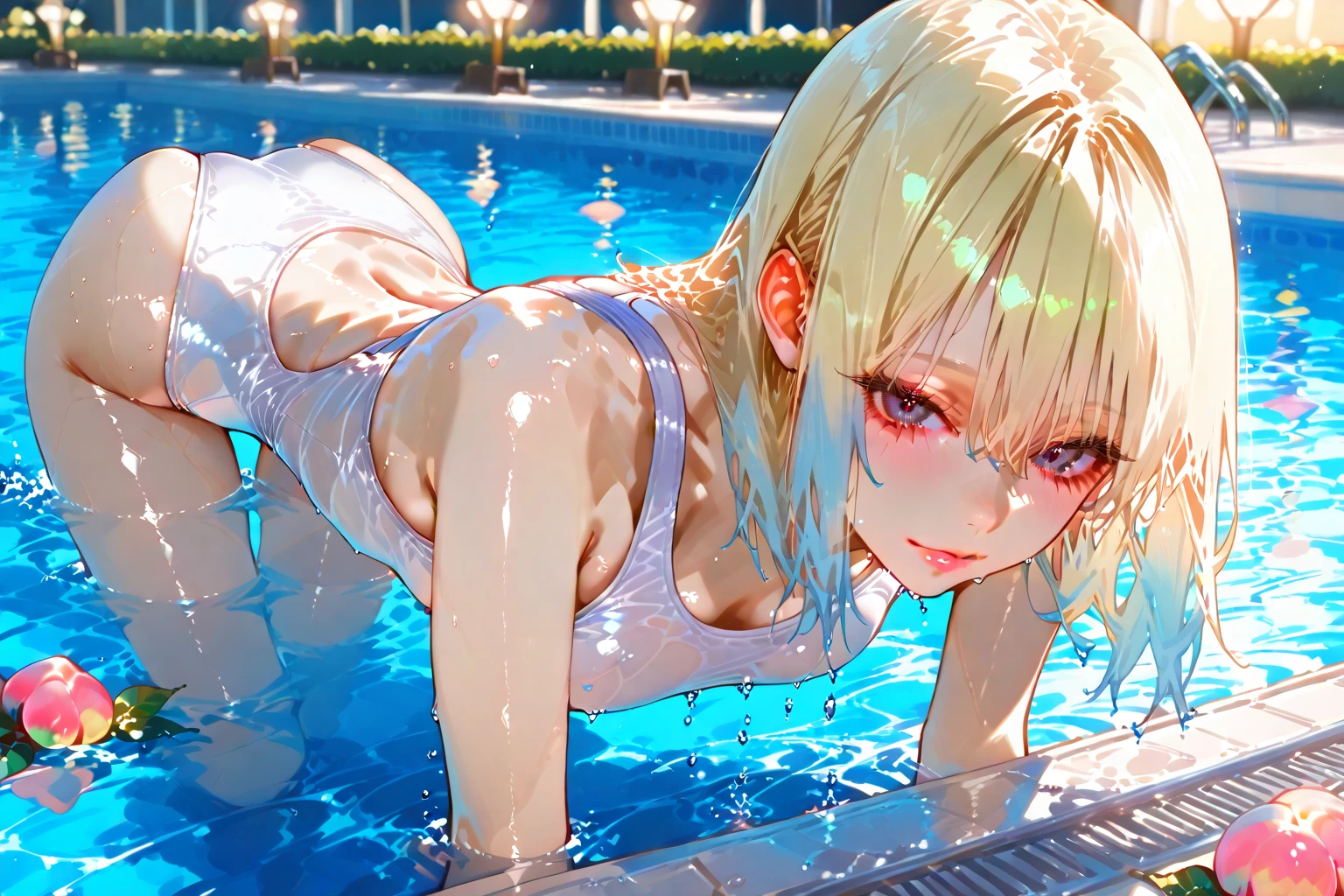 8K,(Absurd:1.5), (Highest quality), (Very detailed), (The private part is displayed),((Completely naked)),whole body,kiss,((Touching the chest)), ,Young face,smile,Beach,,(Small breasts:2), ponytail,Twin tails、Ultra-slim legs、Wearing thin-framed glasses、Silver Hair、Wet、Healthy Body、Amazingly cute、Animal Ears
