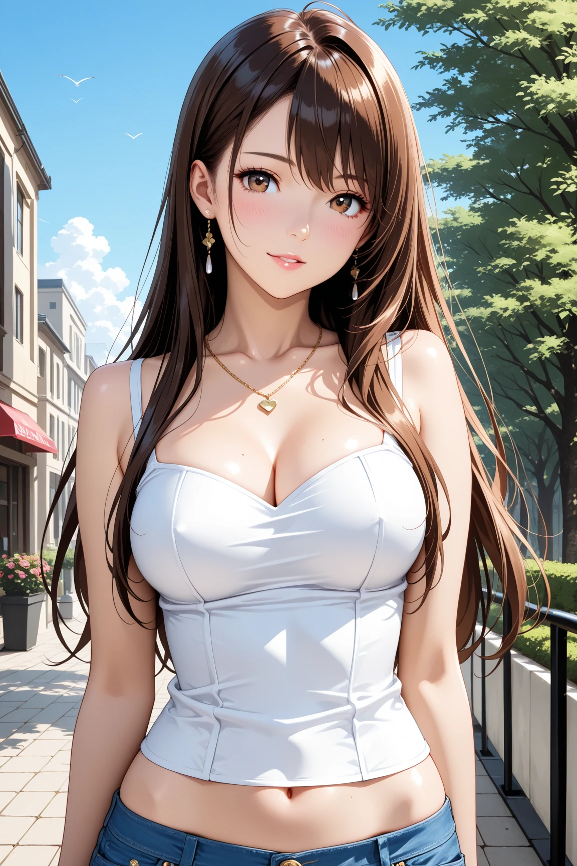 masterpiece, (best quality), 1woman,1girl ,1boy,,katherine,    long hair, brown hair,   purple eyes ,dress, white dress, ,     medium breasts,,sexy woman, jewelry, hoop earrings, necklace, formal event   , vibrant colors ,,natural lighting  ,RTX,  , beautiful, (detailed face:1.2), showcase, (perfect eyes:1.1) ,(photorealistic:1.1), 8k uhd,  looking at viewer,  outdoors,  simple backround