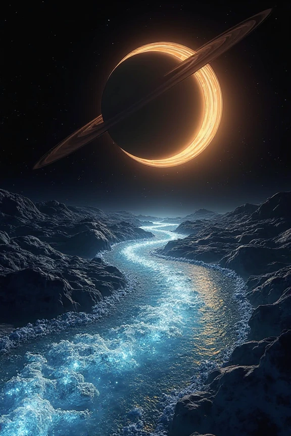 Create a space river in the universe in crystal drops with the minimalist background of Saturn in gold color 