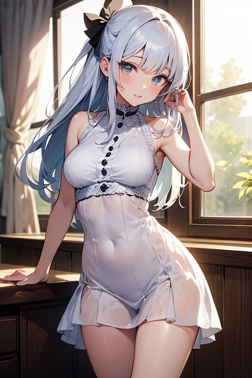(((masterpiece))),best quality, extremely detailed CG unity 8k, illustration, contour deepening beautiful detailed glow,(beautiful detailed eyes), High level of image quality、top-quality、Detailed diagram、Reddening cheeks、slim adult beauty、Maids wear、petty eyes、Knee-length、stocklings、B cup,silvery white hair,double tails,Gray-black pupils,Pupil highlights,Shoulders bare,Quiet and spacious study,Potted greenery,Maid with leg rings,(Panties are visible:1.5),white panties,Lift the hem,NSFW