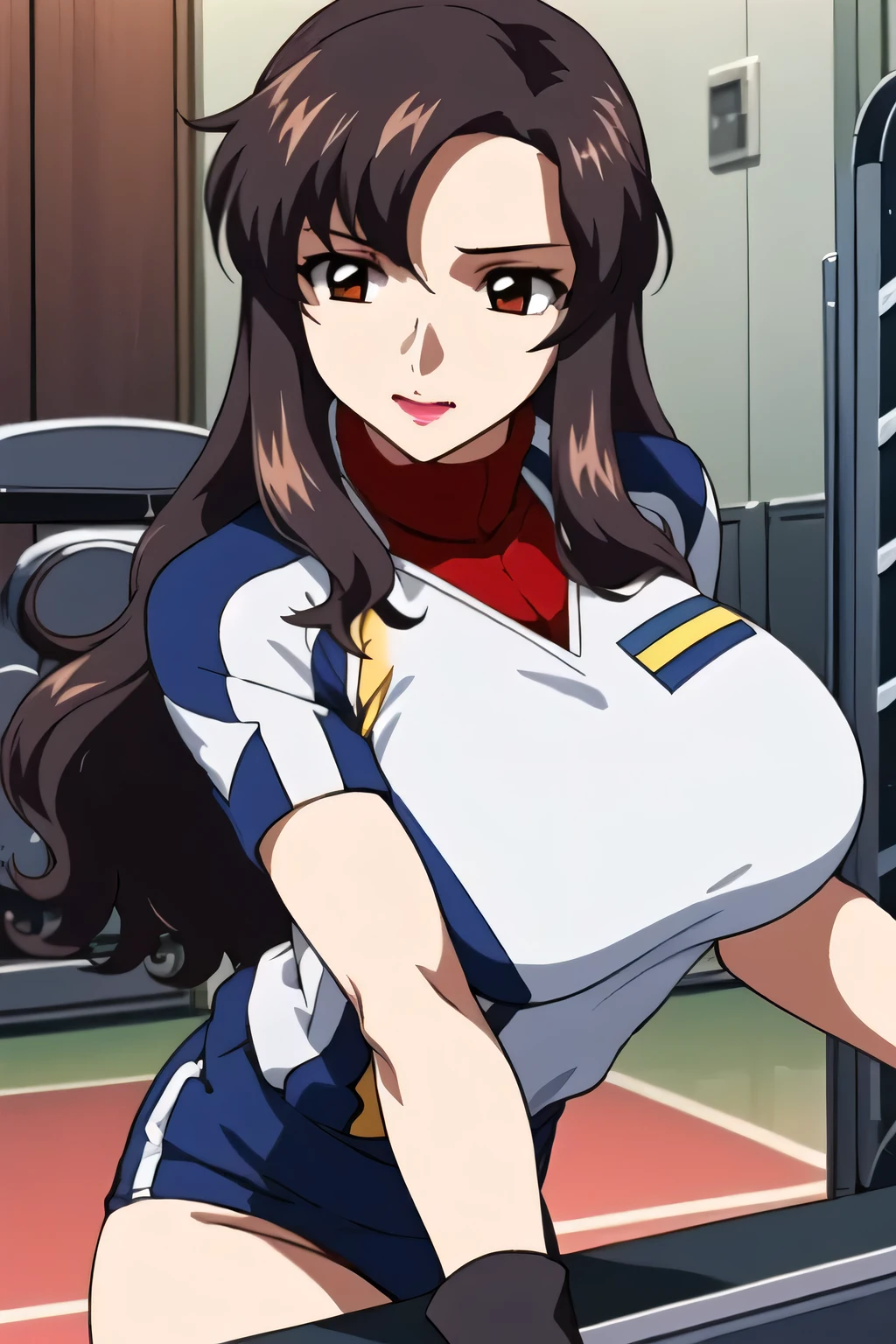 ((( volleyball player))),(please draw facial expressions more delicately),(white shirt),(Navy Blue Bloomers)(blue panties),The work is amazing enough by just one person,Please do not trim the face as it is necessary for the work,It is very important to draw 5 fingers accurately in the work, inside the gym , big black wavy hair, , Big Breasts, thin waist , , ,women close to 40 with mature sex appeal, ( please draw 5 fingers accurately )