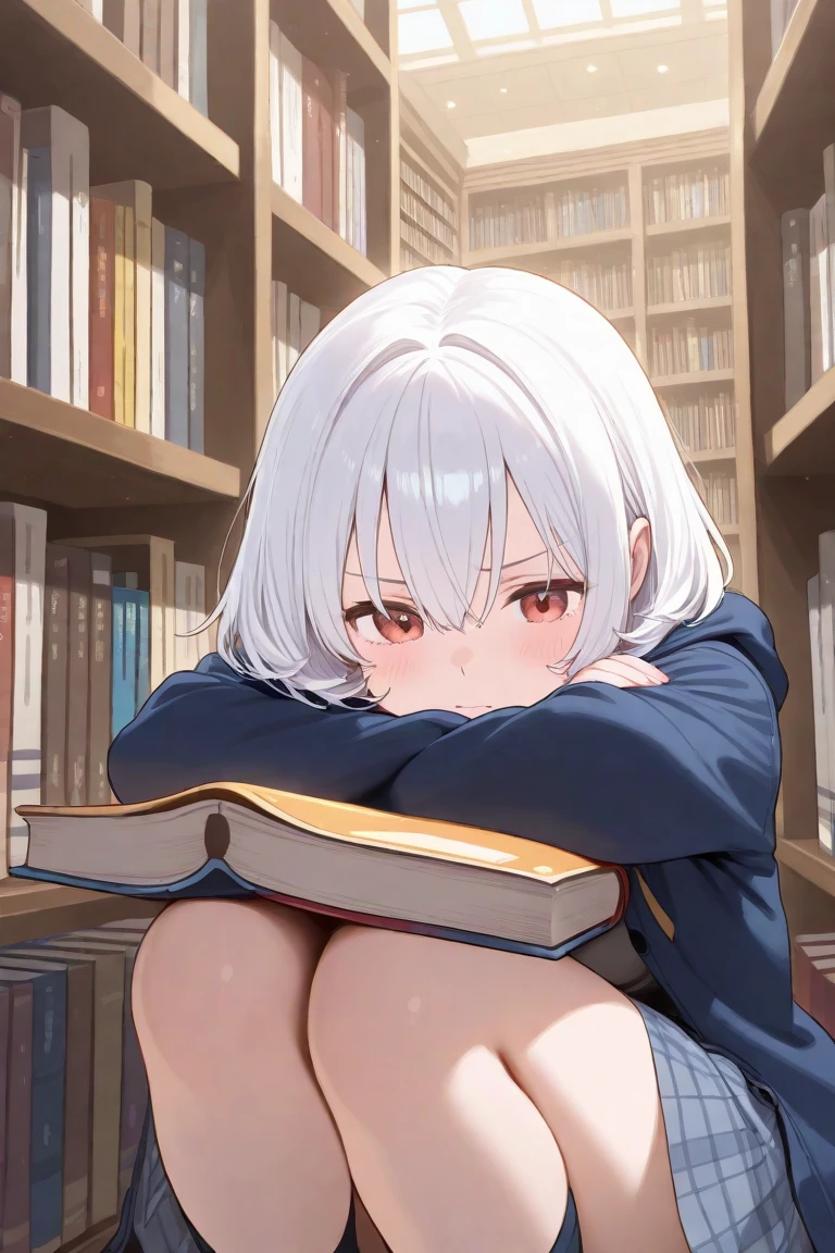 masterpiece, best quality, very aesthetic, absurdres, newest,1girl,cowboy shot, (contempt, disgust,shaded face,looking at viewer,frown),(from below,holding skirt, lifting skirt,panties),,uzaki_hana, uzaki-chan_wa_asobitai!,black_pantyhose, blue_eyes, blue_skirt, blue_sleeves, bracelet, breasts, fang, grey_hair,jewelry, miniskirt, nail_polish, pantyhose, pink_nails, raglan_sleeves, shirt, short_hair, skirt, white_shirt with red printed,,in a library