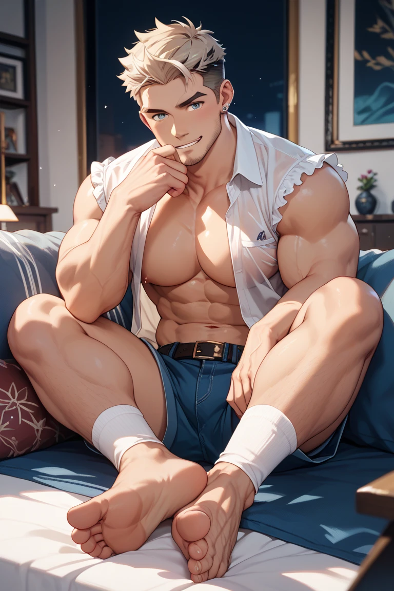 45 yers old,Kogoro Mouri,Tong,Bulge,onbed,black long socks,the feet,lbeard,fortitude,artwork of a,tmasterpiece,k hd,an look of enjoyment,Be red in the face