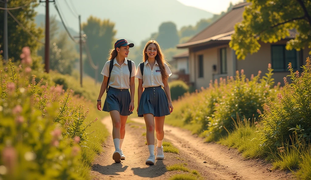 A beautiful 12-year-old girl with Asian features dressed as a schoolgirl with short socks accompanied by an adorable puppy walking through a field of flowers with her little sister
