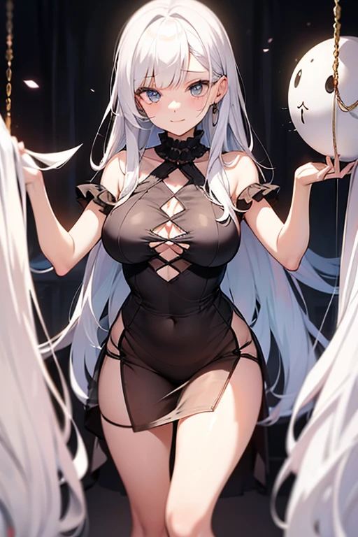 A beautiful woman wearing a black gauze skirt is chained in the room...slim figure,fair skin,Pretty face,She has a mature charm about her body,exposed breasts,(see-throgh clothing:1.5),anatomically correct,(visible vermilion nipples),Transparent clothing,Prominent nipples,Transparent clothing
