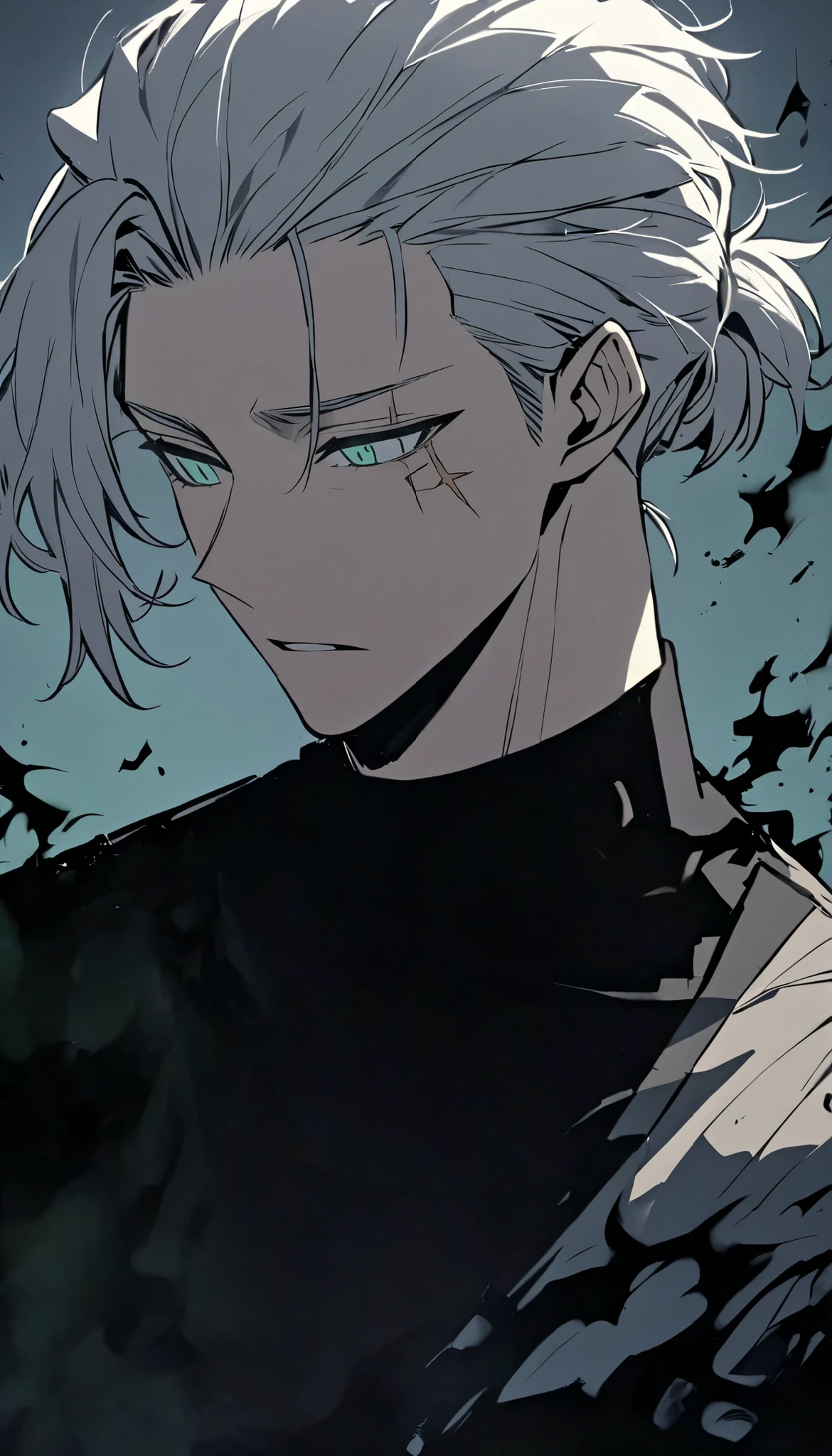 Handsome, alone, male, a hair, loosely gathered tied behind the head hairstyle, slicked back hair, scar on the left eye, white hair, black white jade green odd eye, black sweater , black flame, upper torso