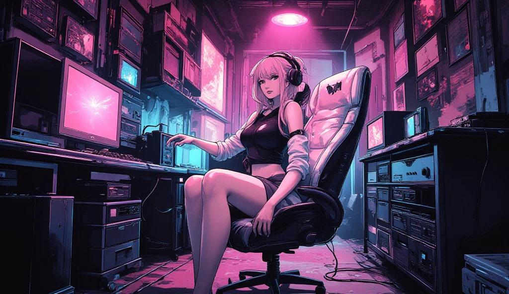 fundo de imagem dentro de quarto gamer feminino com cadeira gamer rosa no centro da imagem proxima a camera e janela mostrando tokyo imagem realista estilo anime