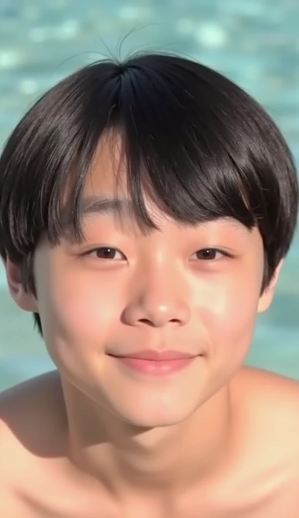 Japanese men、11 years old、Muscles and smooth skin、Swimmers、Short black hair、I look down, dazzled、Relaxed and friendly smile、Light green thin boxer briefs、The whole body is visible、Laughing with your mouth open、