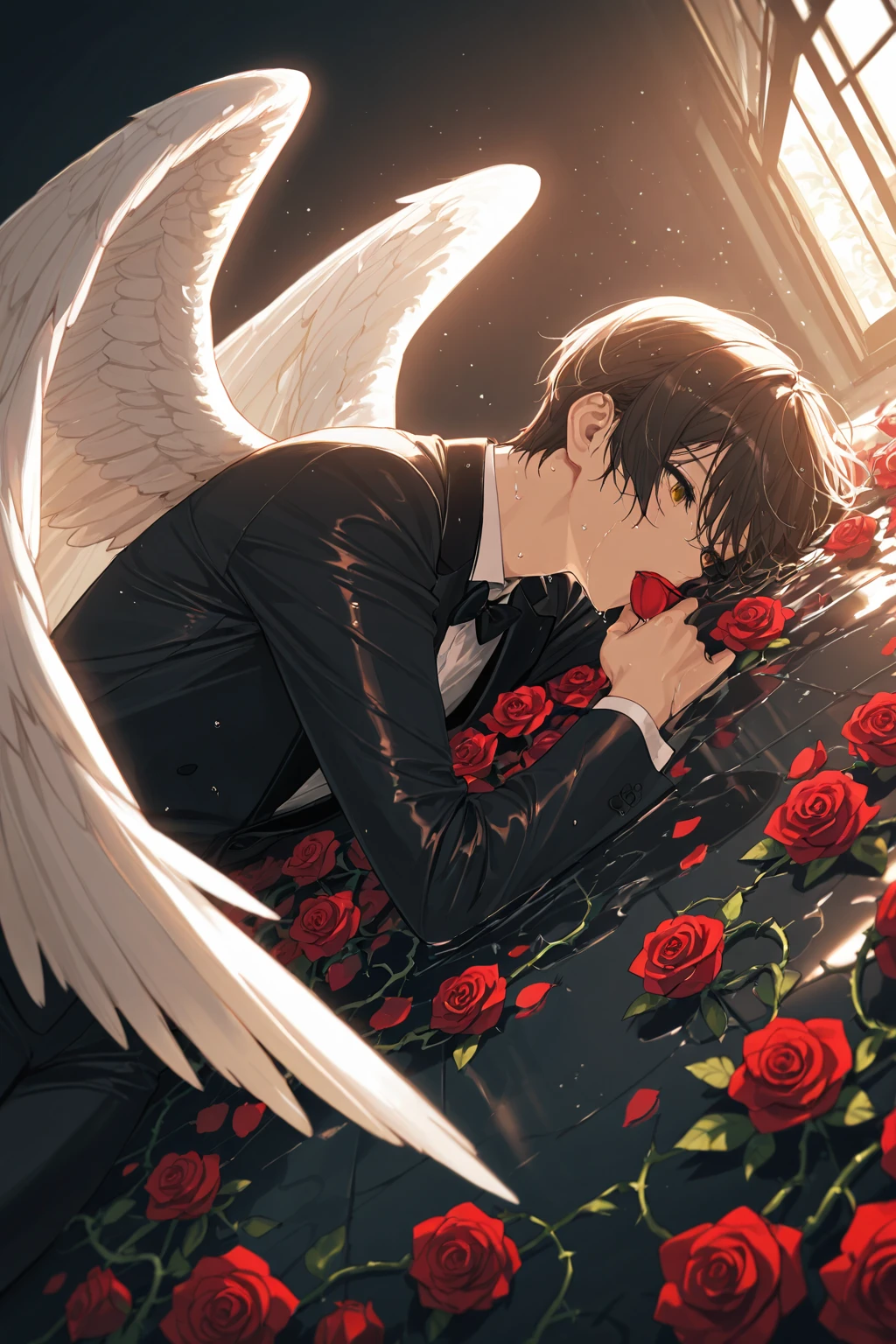 dramatic scene、Dynamic Angles、at night、A screen full of roses、Rose Garden、A man's angel whose whole body is trapped by growing thorns、Lying on a rose、cowboy shot、wet hair、Beautiful、 Slim、tuxedo、 Angel Wings、Hold a rose in your mouth、A unanimous masterpiece、Top quality、State of the art resolution、 backlight shines、dramatic shadows、A fully calculated light source、