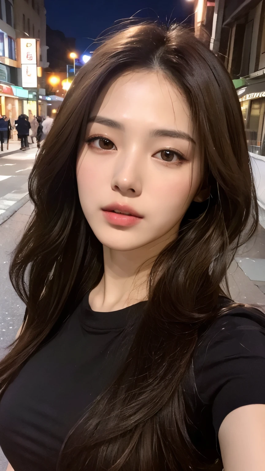 ((top quality, 8k, masterpiece: 1.3)), 1 girl, smile, full body, slim face, pretty woman, (dark brown hair), ultra detailed face, detailed eyes, double eyelids, blurred background, slim face, city, outside, street, mini skirt, perched on bench, tank top