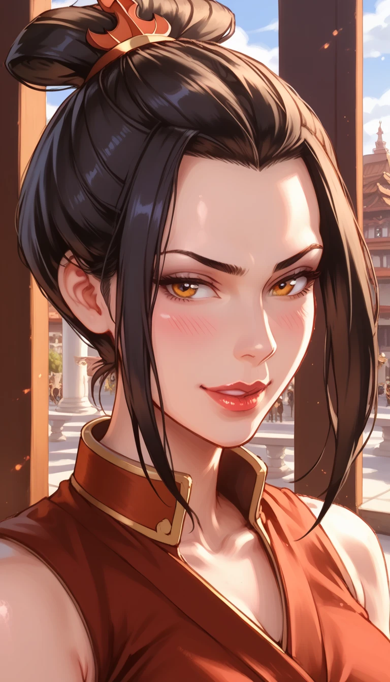 ultra-realistic 8k CG, masterpiece, ((ultra detailed background, fine drawing, intricate details, high detail, better quality fine details, hyper-detailed face)), (photorealistic: 1.4), beautiful lighting, absurdity, RAW photo, film grain, Azula, 1girl, solo, black hair, brown eyes, makeup, lipstick, red lips, single hair bun, navel, side strands, hair decoration, ((medium breasts, slim girl)), (unbuttoned kimono)), ((complex detailed background, inside, dim lighting, moody lighting, inside the castle, castle wall, inside, medieval castle environment))
