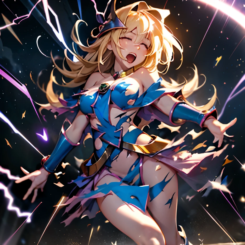 yu-gi-oh!， Dark Magic Girl , Completely naked， to reveal nipples，Exposing breasts，The clothes are torn，Ripped miniskirt ，Open hands，Clear body lines，Exposing two long white legs， Torn boots reveal feet ， Starlight and yellow lightning fill the background，Defeated by cruelty，Scream，Close your eyes，Tears，Close your eyes