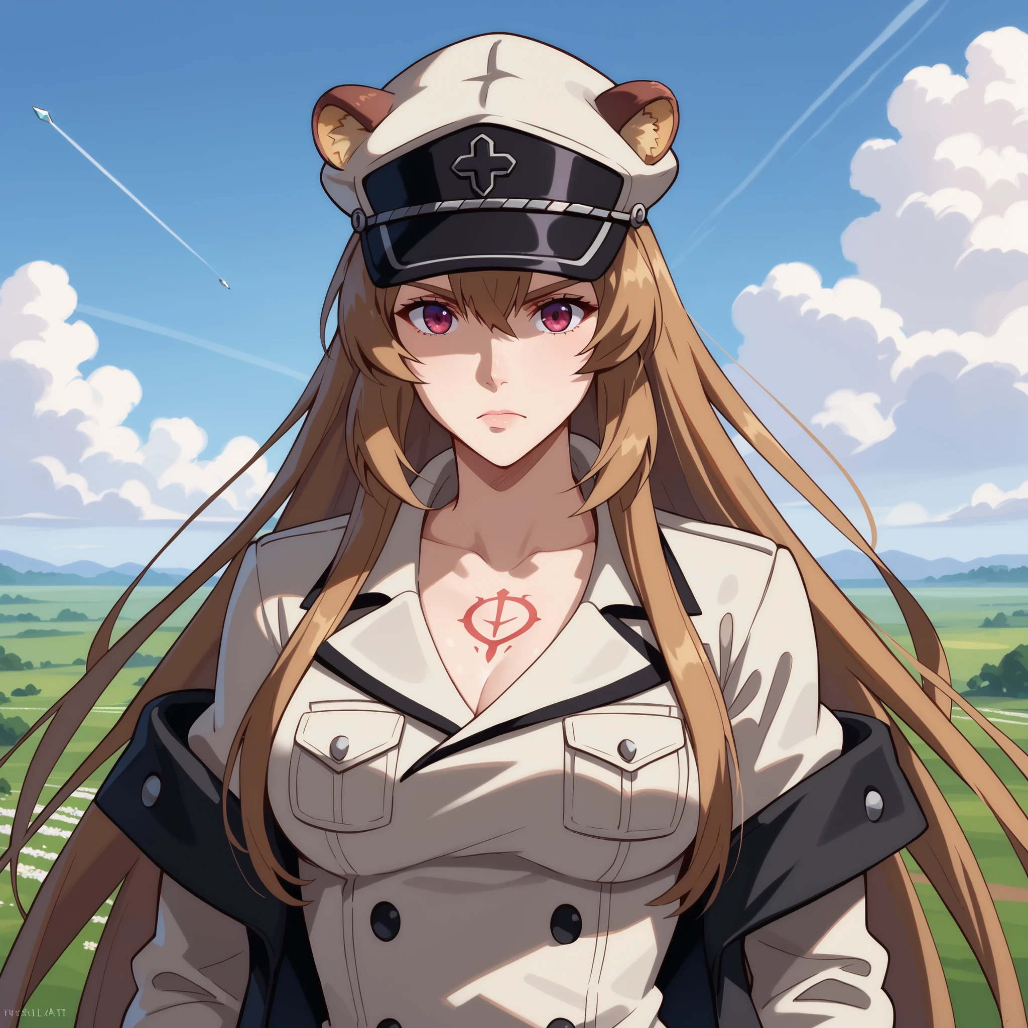 "raphtalia, with her long brown hair and raccoon ears, dressed in the military uniform of Esdeath de Akame ga Kill, she walks across a vast meadow with the wind blowing around her. Her white uniform with black details fits her silhouette, with the jacket half open showing a pronounced neckline. Her black cap with silver emblem tilts slightly while her eyes reflect a look Cold and calculator. Around you, small ice crystals float in the air, generating a sense of absolute power. Background with a meadow.