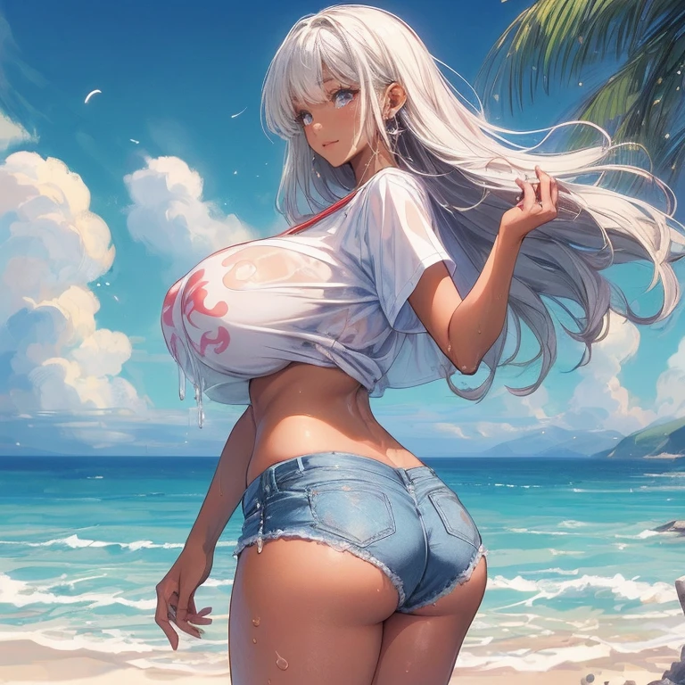 　　　　　　　　　　　　　　　　　　　　　　　　　　　　　　　　　　　　　　　　　　　　　　　nsfw:1.5, Top quality, masterpiece, ultra high resolution, , (top quality, high resolution, 4K, detailed lighting, shaders, perfect anatomy, perfect proportions), eye of the beholder, (masterpiece, top quality) (top quality, 4K, 8K, high resolution, masterpiece: 1.2), highly detailed, (masterpiece: 1.3, top quality, ultra high resolution, ultra detailed), (top quality: 1.2), perfect eyes, perfect face, (top quality, 4K, 8K, high resolution, masterpiece: 1.2), highly detailed, (top quality, 4K, 8K, high resolution, masterpiece: 1.5), highly detailed, masterpiece, top quality, ultra detailed, top quality, high resolution, 32K CG, very delicate and beautiful, illustration, high resolution, sharp focus, girl 1 person, very beautiful and detailed anime face, very detailed eyes, ((masterpiece)), ((best quality)), (super detailed), ((cute)), cute, ((very detailed)), 4K, (8K), best quality, (best quality, 8K, 32k, masterpiece, super high resolution, very detailed, impressionistic:1.2), blurred background, (two arms) , (two legs), (four fingers and 1 thumb) , only one belly button, Bare shoulders.

(Beautiful woman). ("I'm confident about my ."). (Profile: 1.2). (Looking away: 1.4). (Top shot: 1.6). (Beach: 1.6). (Full body). (Arms stretched out horizontally, one leg raised: 1.5). (Realistic water droplets: 0.4). (White hot pants: 1.6). (Beautiful face: 1.2). (Shiny tanned blonde: 1.2). (Straight shoulder-length hair: 1.3). (White choker: 1.5). (Necklace: 1.5). (Bracelet: 1.5). (Bangs swept to the side, forehead exposed: 1.4). (Blue-green eyes). (Happy smile: 1.6). (Embarrassed: 1.2). (Topless: 2). (Dark skin: 1.5). (Breasts and nipples not covered: 1.6). (Small pink nipples).  (Perfect proportions: 1.6). (Full, beautiful breasts: 1.5). (Perky breasts). (Narrow waist). (Slender body). (Beautiful buttocks: 1.6). (Realistic facial expression: 1.4). (Realistic skin: 1.4). (White sneakers: 1.2). (Bare thighs)