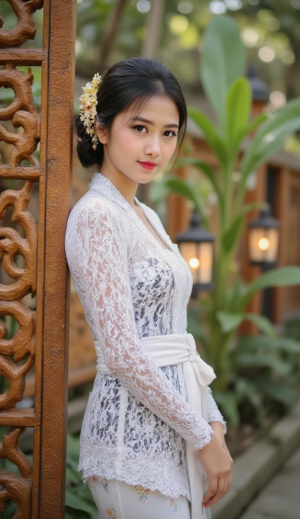 Illustrate a beautiful girl close up dressed in kebaya, set against the backdrop of a Balinese temple. Ensure that the image is photorealistic and of top-quality 8K HDR, capturing every intricate detail of the scene.,kebaya,kebaya indonesia,p3rfect ,cleavage