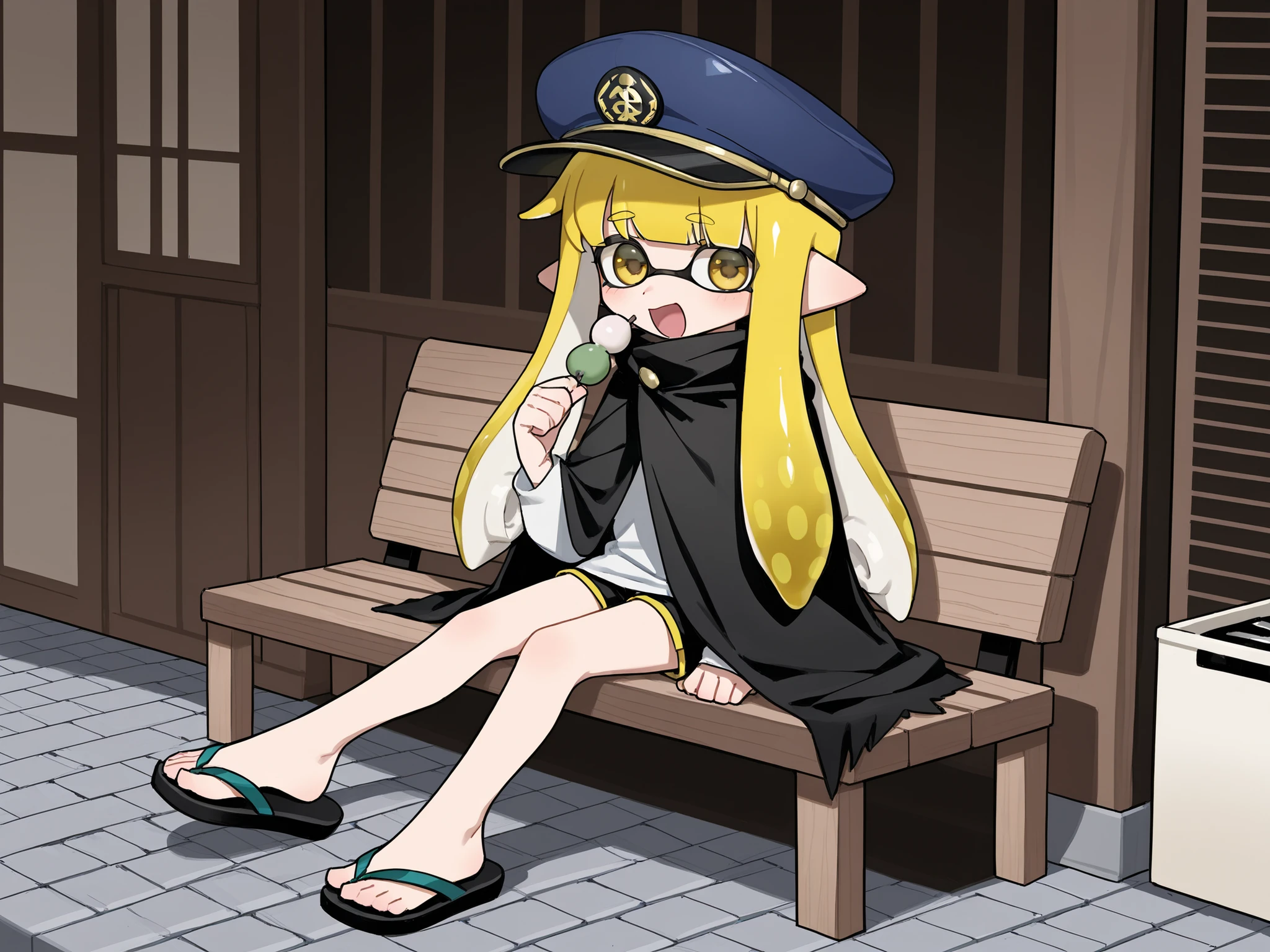 Splatoon、1 person、solo、solo、There is a shopping street in the back、stone brick ground、Dumpling shop、on a wooden bench、3色のDango、3色のDango、Dango、 Edo period、opens her mouth wide、smile、blue legend hat、 blue hat、blue legend hat、oversized white clothes、 black cloak、black flip flops、Black Shorts、yellow hair、has long hair、Channel style、high image quality、をside view、side view、
