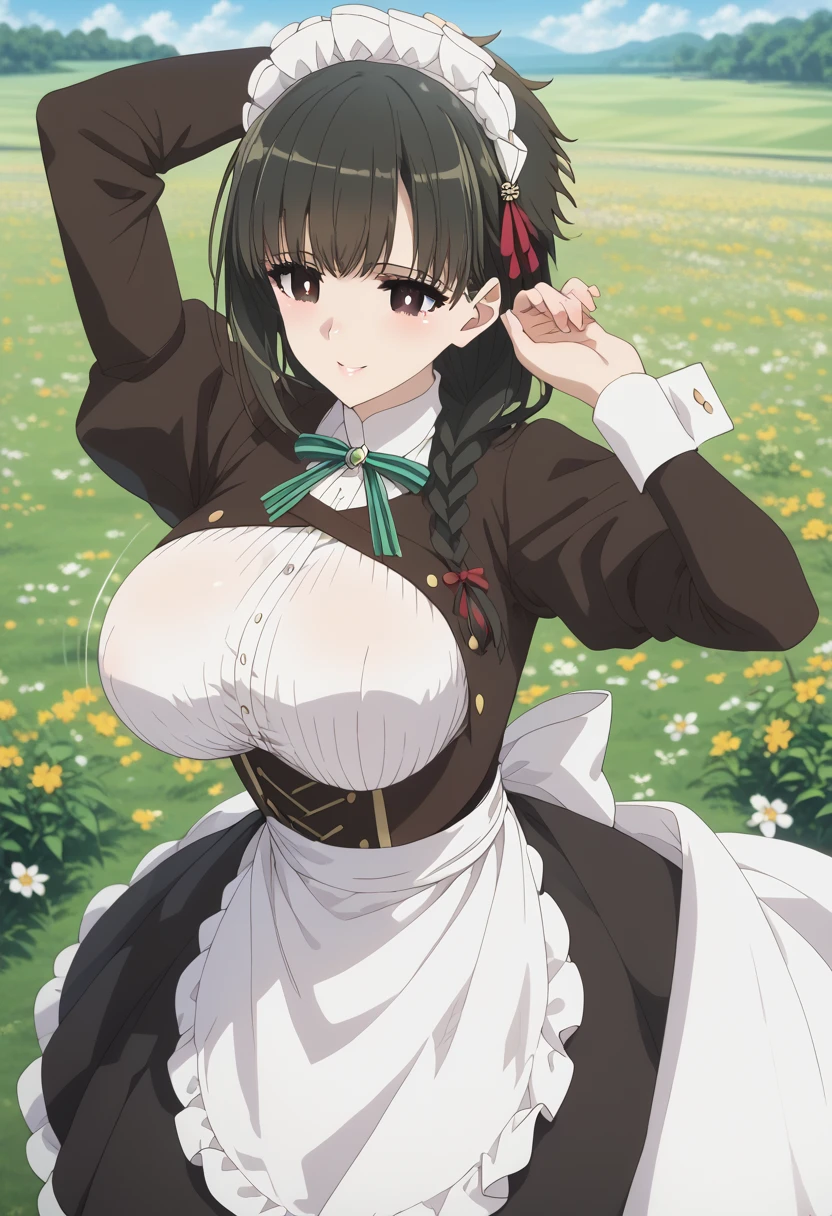 (obra maestra, computer, mejor quality, Clear focus, shadow, anime-style, ultra high resolution, 8K, perfect anatomy, perfect face, (detailed face), ( Detailed eye ), score_9, score_8_above, score_7_above, score_6_above, score_5_above, score_4_above, source _animated, Label 1, Label2, quality_obra maestra, Anatomically correct, beautiful face, perfect face, Beautiful and highly detailed face and eyes, Attractive face, detailed face, delicate facial features, detailed skin, huge breasts, breast size cup D or DD, wide hips, gigantic butt, thick thighs. looking at the viewer. Style illustration Anime of a beautiful woman with a look elegant and sensual. One Young anime woman with attractive and voluptuous appearance is standing in a park with trees in the background. She wears a maid's uniform, with a tight white blouse that highlights her prominent bust, long sleeves with lace details, an emerald green bodice with a decorative bow, style and a mint green apron with white ruffles. In the center of the apron, there is a red heart. Her short skirt has a green and white ruffle design. has dark brown hair, long and braided in two pigtails that fall on her shoulders. He wears a modern black cap with a discreet logo and wears small headphones. The expression on her face is confident and flirty. The background is a park with tall trees and green vegetation, illuminated by natural light.