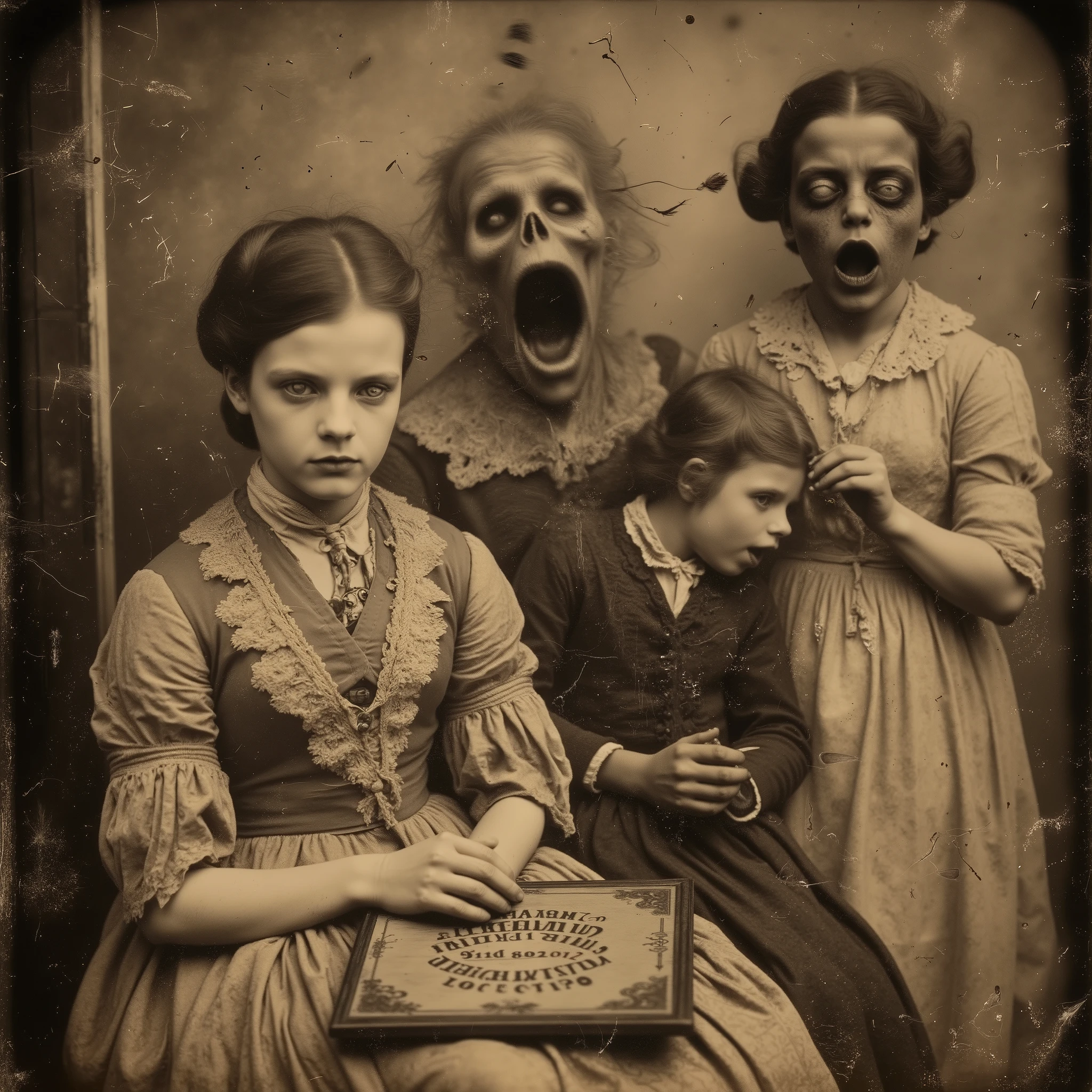 Ultra-realistic, ultra-detailed, photo-realistic, HDR, cinematic photography, cinematic lighting, cinematic portrait, portrait photography, cinematography, full focus, highest quality, hyperrealistic, 3D Rendering, 8K, highres, startling,stunning, best quality, masterpiece
Daguerreotype photo, late 1800s, Two age girls in nightgowns play with an Ouija board, while a third girl in an a nightgown is lifted up off her feet and howls as she is possessed and starts levitating. The look on her face is of agonizing pain. Her friends look horrified. The third girl is on her back, spinning counterclockwise 5 feet in mid-air. Her two friends cry and point and scream for her to come down. The third girl's face is so contorted that she looks like a horribly ugly old man, and her eyes are the very definition of madness.