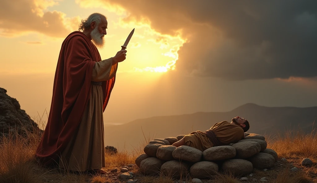 "Create a digital artwork inspired by the scene of Abraham about to sacrifice his son Isaac. In this image, Isaac, a young man with a muscular build, lies on a wooden altar covered with sticks, his body partially covered with a cloth. His expression is calm and resigned, as he rests with his eyes closed. Abraham, an elderly man with a long beard and wearing a robe, stands above Isaac with a knife in hand, his face showing deep sorrow and determination. The background features a dramatic sky with hues of purple and orange, reflecting a sunset. The scene should capture the emotional gravity of the moment, emphasizing the detailed textures of the figures' clothing, the wood, and the subtle play of light and shadow in a digital art style."