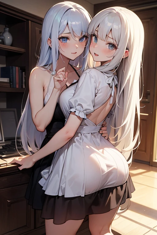 Super detailed、Highest quality、Best image quality、masterpiece、8K、(shoulder-length blonde hair、Medium Long Hair)、(laugh:1.3) 、(cheerful)、(tareme)、(big eyes)、(Beautiful shining eyes)、(High Detail Anime Eyes)、(puffy eyes)、(Big Tits:1.5、topless:1.3)、((SFW Huge Body))、(((Rear View)))、Cowboy Shot、(Thong、カルバンクラインThong、ckundies)、(Two women stand side by side with their butts facing the viewer.:1.5)、(Beautiful ass)