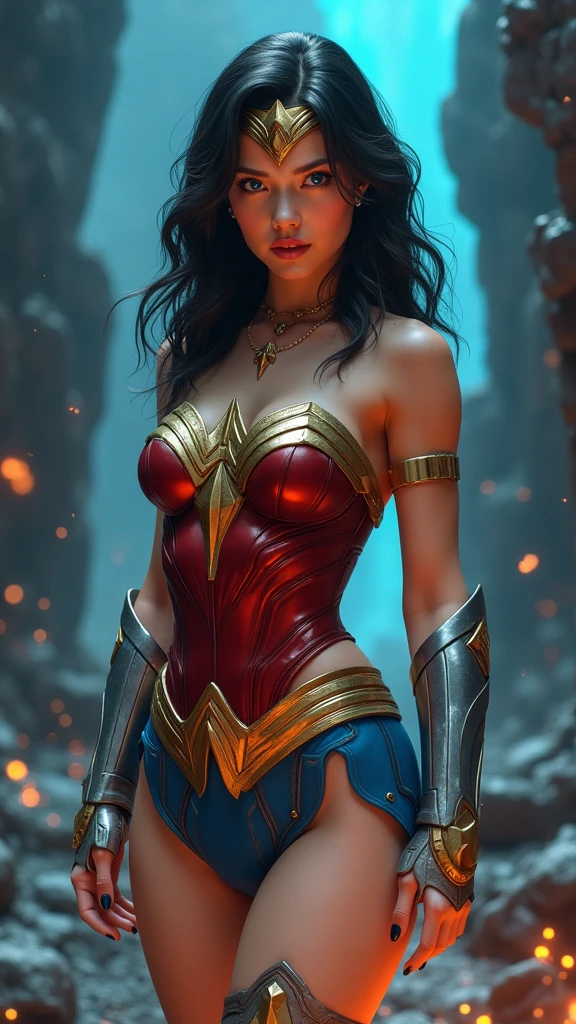 GlowingRunesAIV2_paleblue Highly detailed RAW photo of  gal gadot wearing a wonder woman armor,dynamic pose, (wide hips), (detailed ), (detailed lips), (detailed eyes), (Sci-Fi setting) (detailed face), (curvy), detailed eyes, depth of field, soft lighting, masterpiece, best quality, intricate, (lens flare:0.7), (bloom:0.7), particle effects, raytracing, tone mapped, highly detailed, concept art, smooth, sharp focus, dramatic lighting, highly detailed artwork, cinematic, hyper realistic painting, trending on Artstation, 8K, incredible shadows, realistic, (highly detailed background:1.2)