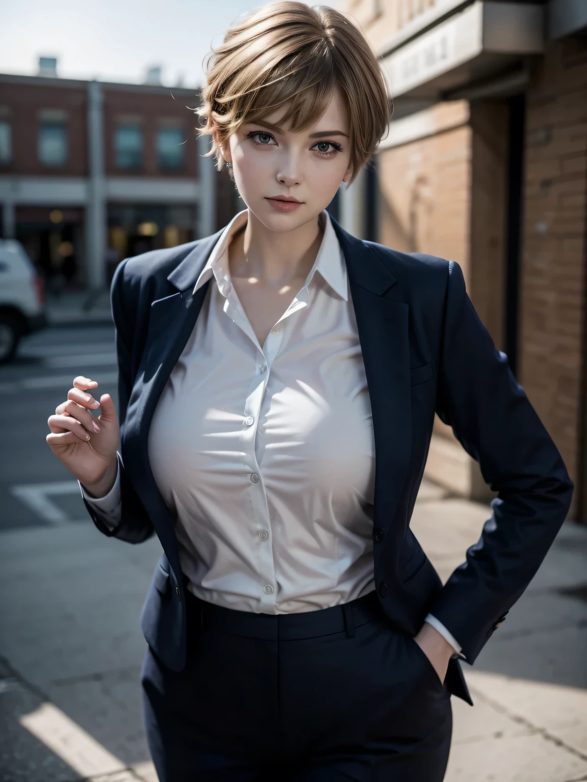 cinematic film still photographed.
Perfect appearance. Top quality. High resolution.
High quality photos. Photos that are in correct focus.
Correct human anatomy. Correct hand shape.
She is a grown woman. She is ((((tall)))).
Her head is small. Her face is small.
She looks like a fashion model.
She is Young beautiful married woman.
((((Tall)))) adult woman. Serious expression.
Too big breasts.
Her face looks a lot like that of YouTuber Ella Freya.
Her haircut is a pixie haircut.
Her hair looks like Amara Tenou.
Her hair looks like Audrey Hepburn.
Office lady. Typical office lady attire.
Conservative attire. ((Dark blue suit)). ((white blouse)). (Physically fit) women.
((navy blue jacket)). Soft smile.
A woman with elegance and good character.
((outdoors)). Busy downtown area.
Evening. The setting sun shines.