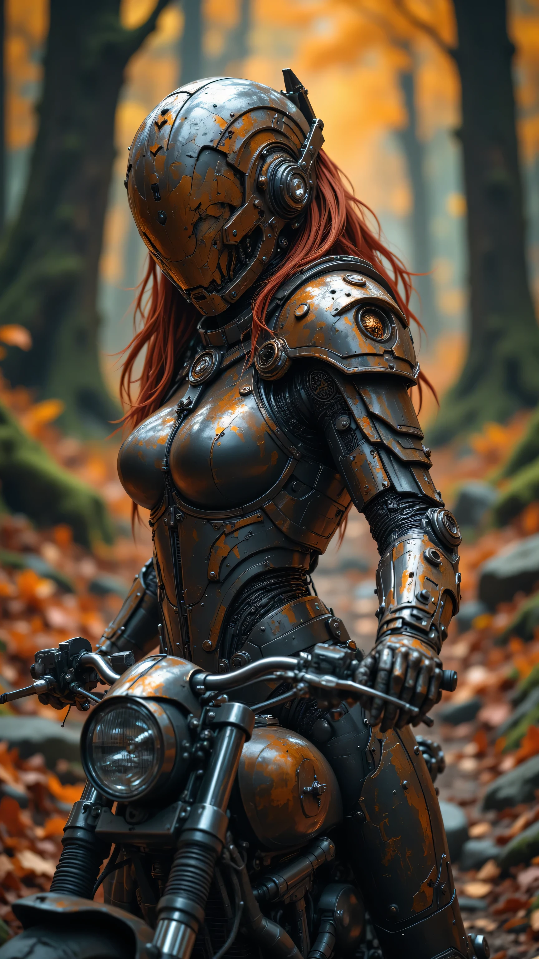 8k, Masterpiece, Top Quality, Eye-level, female, futuristic, bronze, armored, suit, full-face helmet, reddish-brown hair, custom-built, motorcycle, dark-colored, bronze accents, vintage, steampunk, forest path, autumnal colors, dramatic lighting, sharp focus, soft focus, power, adventure, futuristic, classic, stylized, digital, post-processed, high detail.