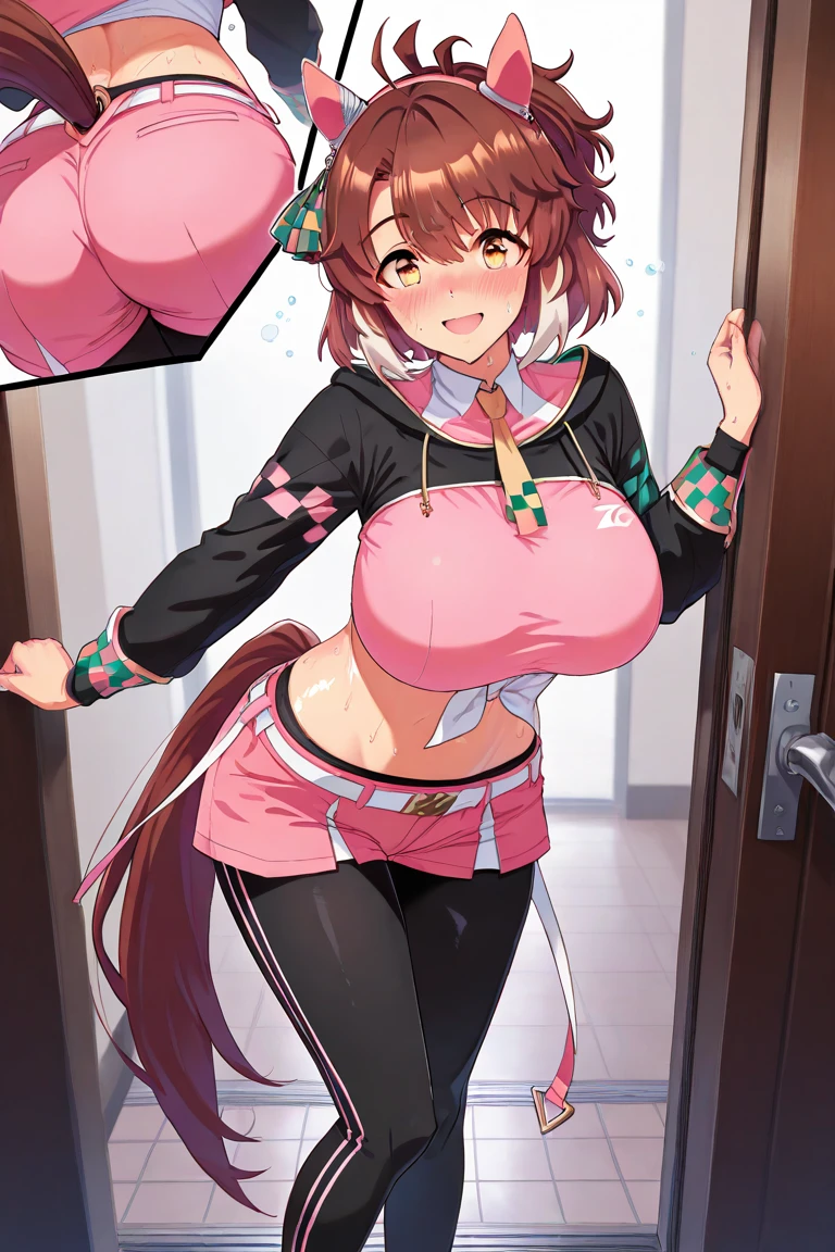 masutepiece, Best Quality, hight resolution, I, Long hair, Ahoge, clavicle, printed shirt, White shirt, raglan sleeves, clothes around waist, Plaid microshorts, Smile, Waving, Leaning back, Bad Woman、sadistic、Muchimuchi、clong legs、long legged、thighs thighs thighs thighs、Eyes pink、Grinning、Smile、is standing、Sweating:1.5), (steam:1.3), ((((blush))))),Absolute area、(black leather thigh boots)、a room、Hi-Res, 1girl in, ,},{{solo,Boyish 1 Girl}} is standing,,{18year old},and leather boots}Emphasis on the thighs、thighs thighs thighs thighs、clong legs、long legged、Boots longer than the thigh、(1girl in), Full body, hex maniac, Dark purple hair, Long hair, hair messy, Ahoge, Purple Headband, Black eyes, @_@, Large breasts, Smiling smile), Purple long dress, long sleeve axi dress), (Indoors, In the closet)Face Focus, (Evil smile), Smirk, Happy, (Vulgarity:1.2), steam, Breathless, Sweat, shiny nipples、large areola、Purple Micro Bikini, Long gloves, Purple elbow gloves, Latex, (Condom belt