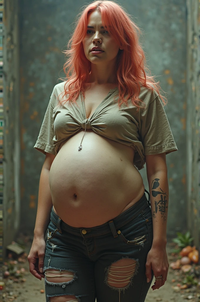 ((trailer trash pregnant girl)), photography by [TJ Drysdale], detailed bustling vibrant [big city] background, warm, windy, harmful atmosphere, menacing skies, (detailed face), detailed eyes, ((experimental architecture)), (avant-garde)