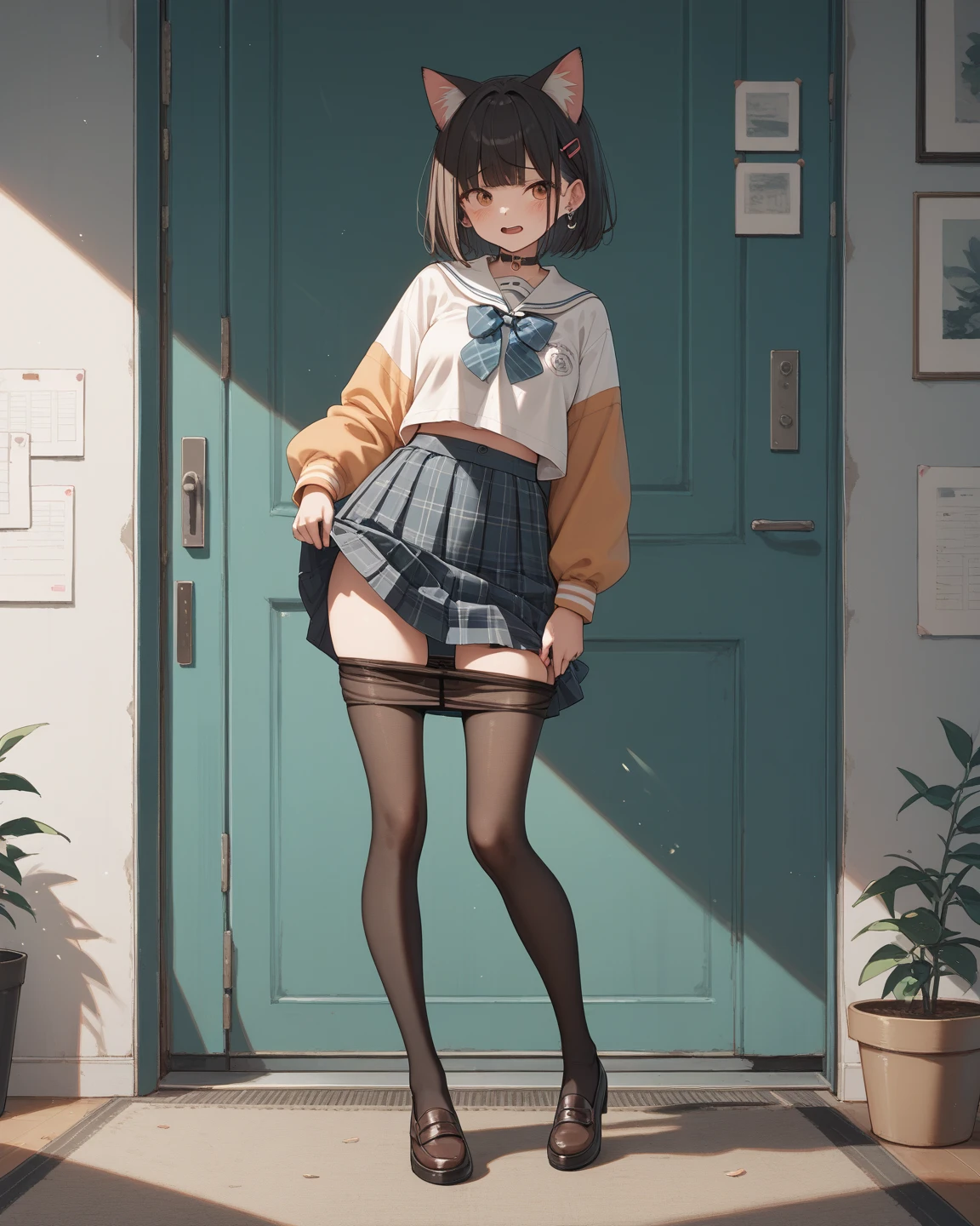 18 years old girls,Permanent,pair,wearing tennis shoes,(smallunderboob, Lively),(Glossy glossy skin:1),Wide hips,sharp vision,A detailed eye,The beautiful,Skirt up shot,long shirt,Gray school skirt,white shirt,in pink,Thin lips,Open,Medium hair,,Focus on the knee-length socks below, looking-down),NSFW,