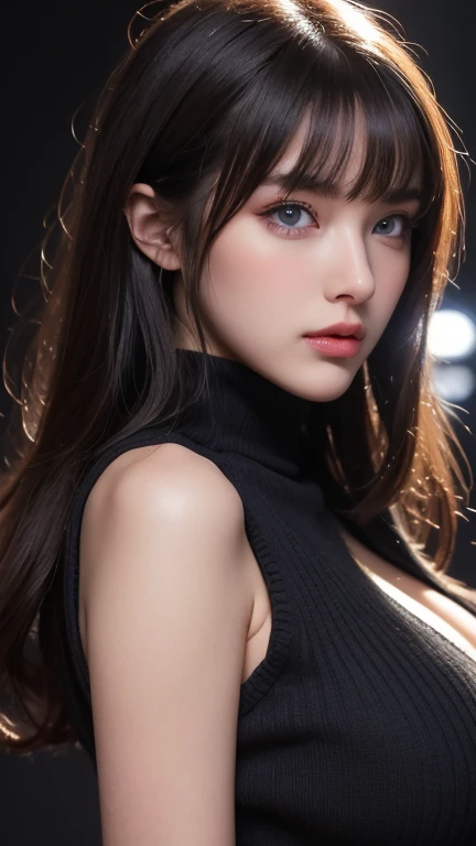 ultra high res, masterpiece, best quality, perfect glossy shiny skins, perfect lighting, detailed lighting, dramatic shadows, ray tracing, black sweater, looking at viewer, off shoulder, Big breasts, Exposed cleavage, blue Eyes, nsfw, ((Dark background)), Sexy face, Facial expressions when receiving pleasure, open mouse,