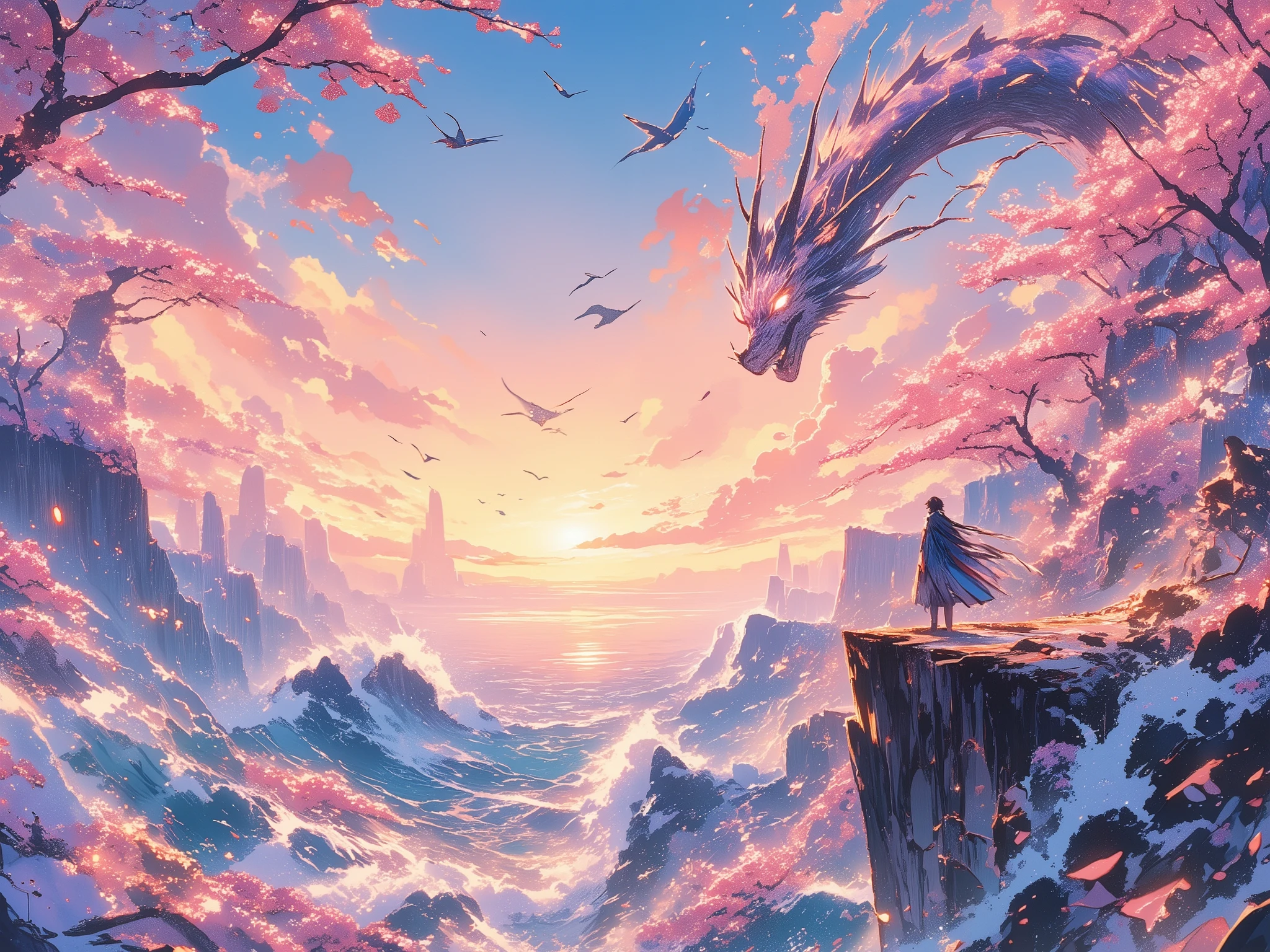 "(TOP QUALITY, HD, masterpiece:1.4)、8k、((Handwriting、Watercolor Pencil Drawing )) photorealistic、Fine Art Performance, photorealistic、Fine Art Performance. Anime-style (vivid sakura overload:1.5), depicting a surreal and vibrant sakura ocean engulfing the horizon. Towering waves made entirely of cherry blossoms crash gracefully against glowing cliffs covered in sakura trees (dynamic motion:1.3). The sky above is painted in vivid hues of pink and orange, with swirling sakura petals drifting endlessly in the wind. (Fantasy elements:1.3) include sakura birds with glowing feathers flying amidst the petals, and a giant cherry blossom dragon coiled gracefully within the waves, adding an air of magical power. The foreground shows a humanoid figure standing on the cliff edge, gazing at the breathtaking sakura ocean, their attire flowing like petals in the breeze. Style: vibrant, bold anime-inspired lines, dynamic composition, and a lively yet fantastical ambiance."