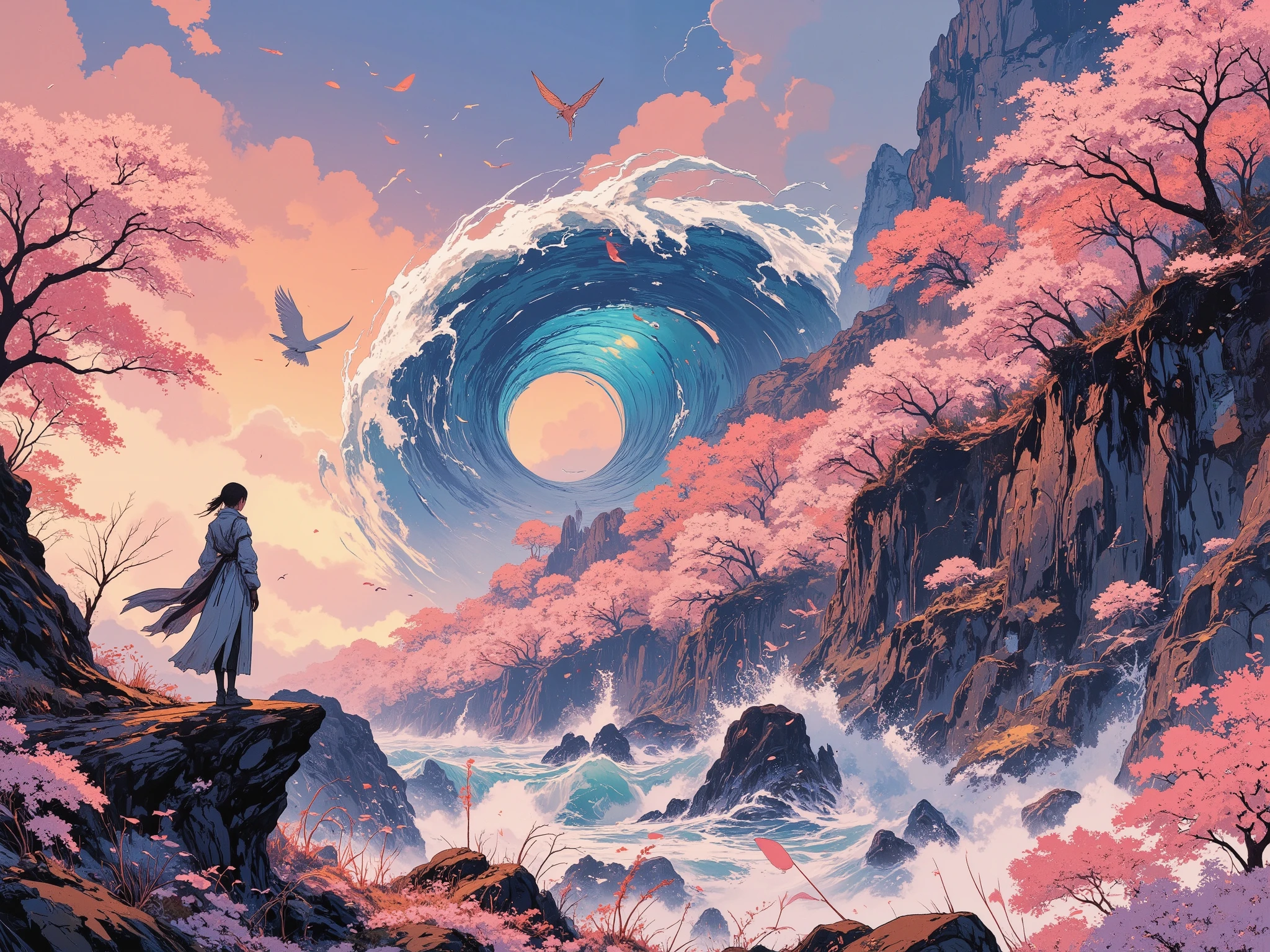 "(TOP QUALITY, HD, masterpiece:1.4)、8k、((Handwriting、Watercolor Pencil Drawing )) photorealistic、Fine Art Performance, photorealistic、Fine Art Performance. Anime-style (vivid sakura overload:1.5), depicting a surreal and vibrant sakura ocean engulfing the horizon. Towering waves made entirely of cherry blossoms crash gracefully against glowing cliffs covered in sakura trees (dynamic motion:1.3). The sky above is painted in vivid hues of pink and orange, with swirling sakura petals drifting endlessly in the wind. (Fantasy elements:1.3) include sakura birds with glowing feathers flying amidst the petals, and a giant cherry blossom dragon coiled gracefully within the waves, adding an air of magical power. The foreground shows a humanoid figure standing on the cliff edge, gazing at the breathtaking sakura ocean, their attire flowing like petals in the breeze. Style: vibrant, bold anime-inspired lines, dynamic composition, and a lively yet fantastical ambiance."