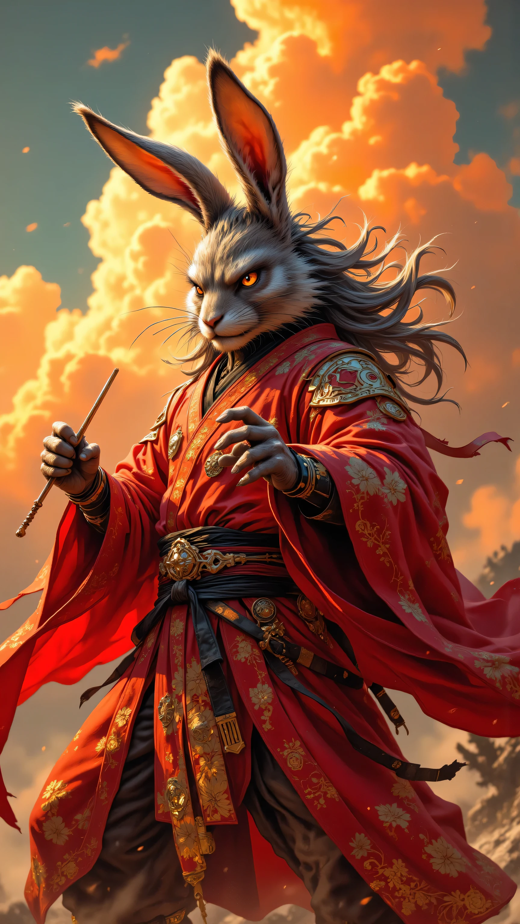 8k, Masterpiece, Top Quality, Low-angle, anthropomorphic, rabbit, gray fur, long ears,  red robe, gold embroidery, floral patterns, martial arts pose,  fighting stance, holding object,  cloudy orange sky, wispy clouds, traditional Chinese attire.