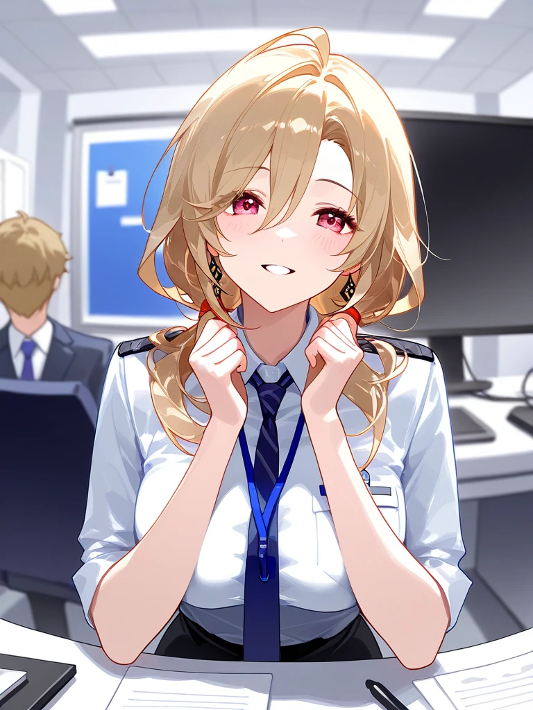 mahirushiina, Mahiru Shiina, bangs, blonde hair, brown hair, (yellow eyes:1.3), smile,
plane, indoor, flight attendant, vest, cap, pantyhose, name tag, Are standing, leaning forward, cleavage, 魅惑的なsmile, down blouse, Sound notes, throw, 性的なものを暗示する
break indoors,plane,
break looking at viewer, (cowboy shot:1.5),
break (masterpiece:1.2), highest quality, High resolution, unity 8k wallpaper, (figure:0.8), (detailed and beautiful eyes:1.6), highly detailed face, perfect lighting, Very detailed CG, (perfect hands, perfect anatomy),