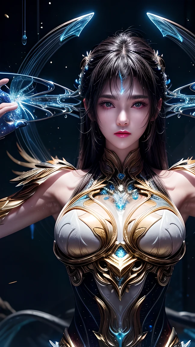 photorealistic, high resolution, 1women, solo, hips up, look at viewer, (detailed face), kai'sa /league of legends, bodysuit, void wings