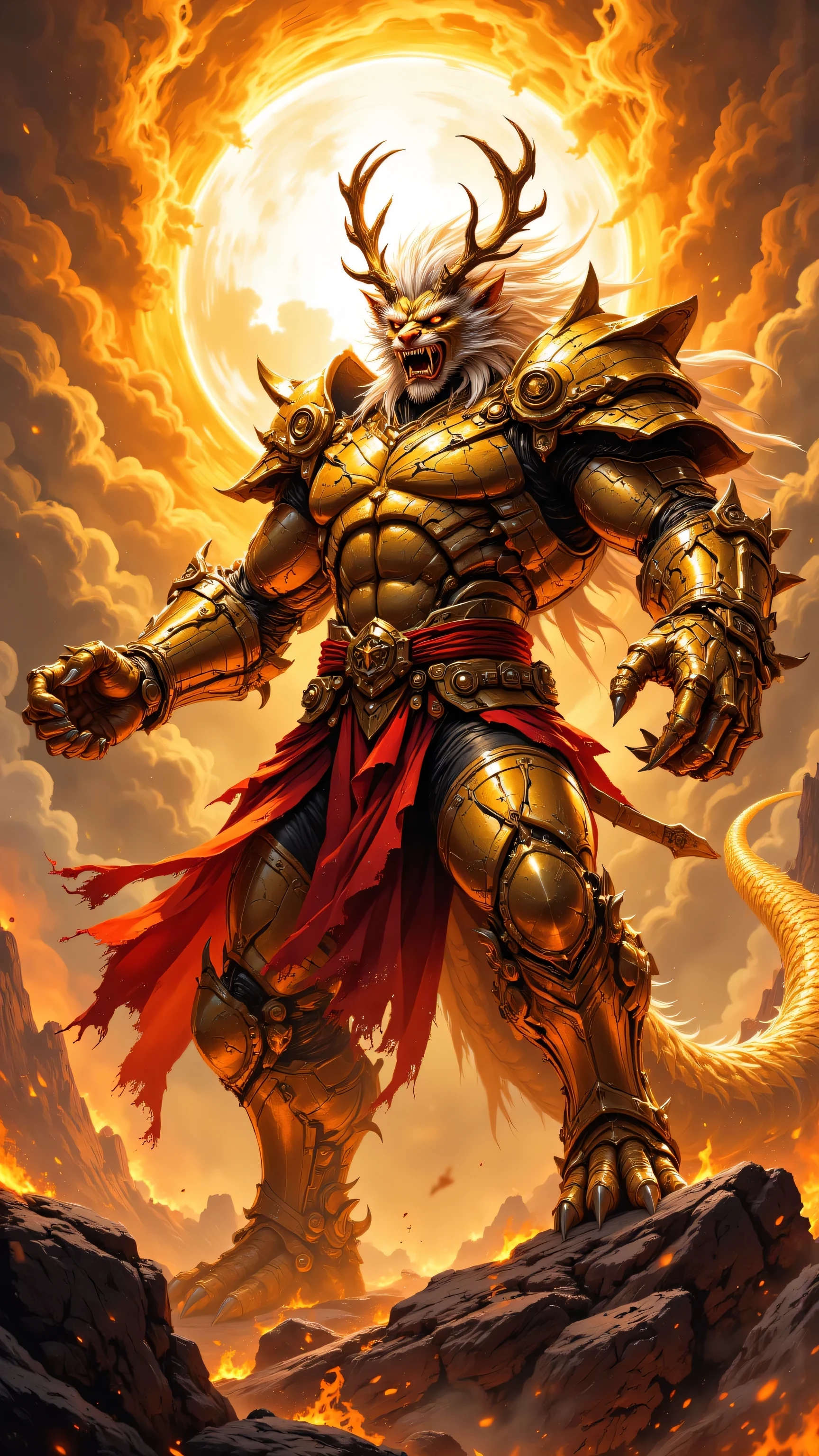 8k, Masterpiece, Top Quality, Low-angle, powerful, anthropomorphic, dragon, gold, metallic, scales, armor, humanoid, limbs, clawed, hands, feet, fierce, snarling, fangs, mane, white, fur, hair, antlers, red, sash, belt, warrior, attire, swirling, orange, gold, fire, celestial, clouds, smoke, warm, saturated, gold, orange, red, dramatic, vibrant, fantasy, Asian, mythical, deities, high, textures, scales, armor, fur, clouds, realistic, intricately, lighting, muscular, physique, imposing, grandeur, power.