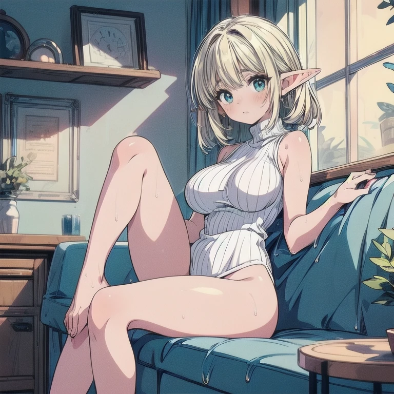 ((High resolution)) (Detailed) (masterpiece) beautiful elf woman, with small ?????, medium silver hair, green eyes, sitting on sofa, wearing transparent white tank top, with cleavage,  body, small jeans shorts, indoors, soft lighting, plants in background, window with sunlight, cozy room, relaxed pose, intricate details, warm colors, smiling, hands down, shy smile