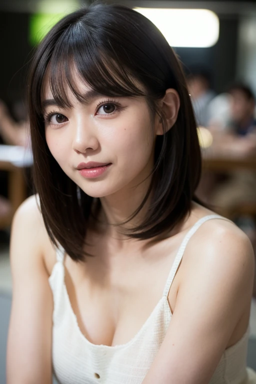 lens: 135mm f1.8,(Highest quality),(Tabletop:1.1), (Beautiful 14 year old Japanese girl), (Moisturized lips), Narrow eyes, double eyelid,Delicate clavicle,Flat Chest,Shortcuts, shame, A faint smile,
(Spotted sunlight:1.2), Dramatic lighting,
(strapless white camisole), (Sunburned skin:0.2),Full body photo、Full Body Focus